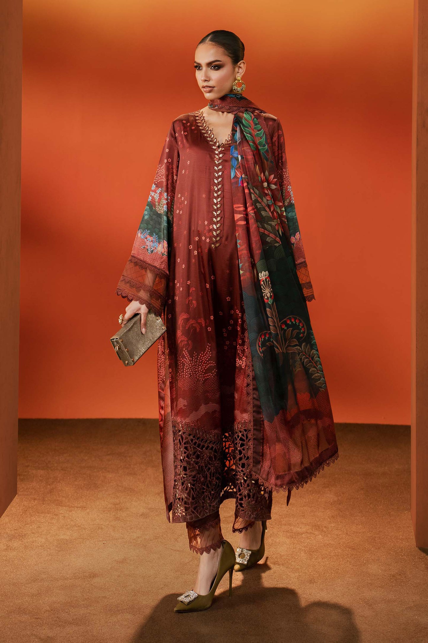 3 Piece Embroidered Satin Silk Suit