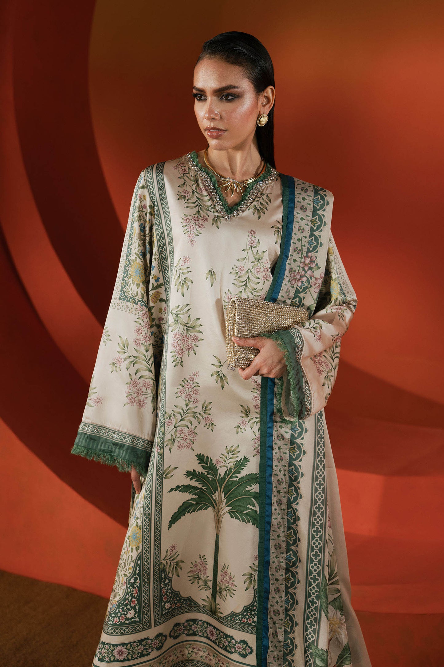 3 Piece Embellished Satin Silk Suit