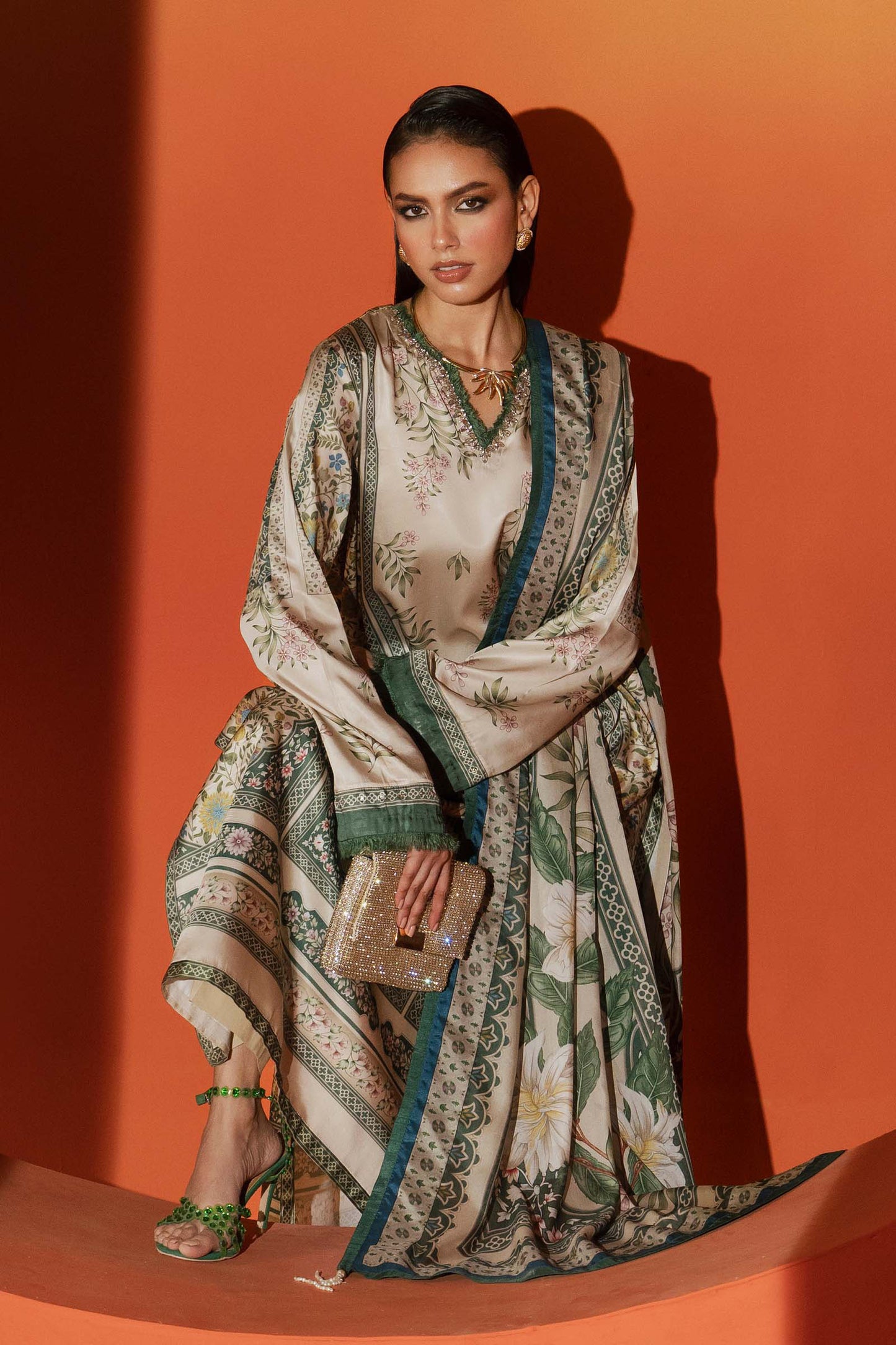 3 Piece Embellished Satin Silk Suit
