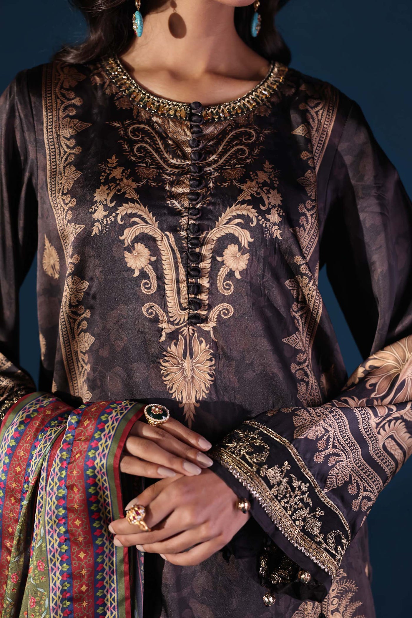 3 Piece Embroidered Satin Silk Suit