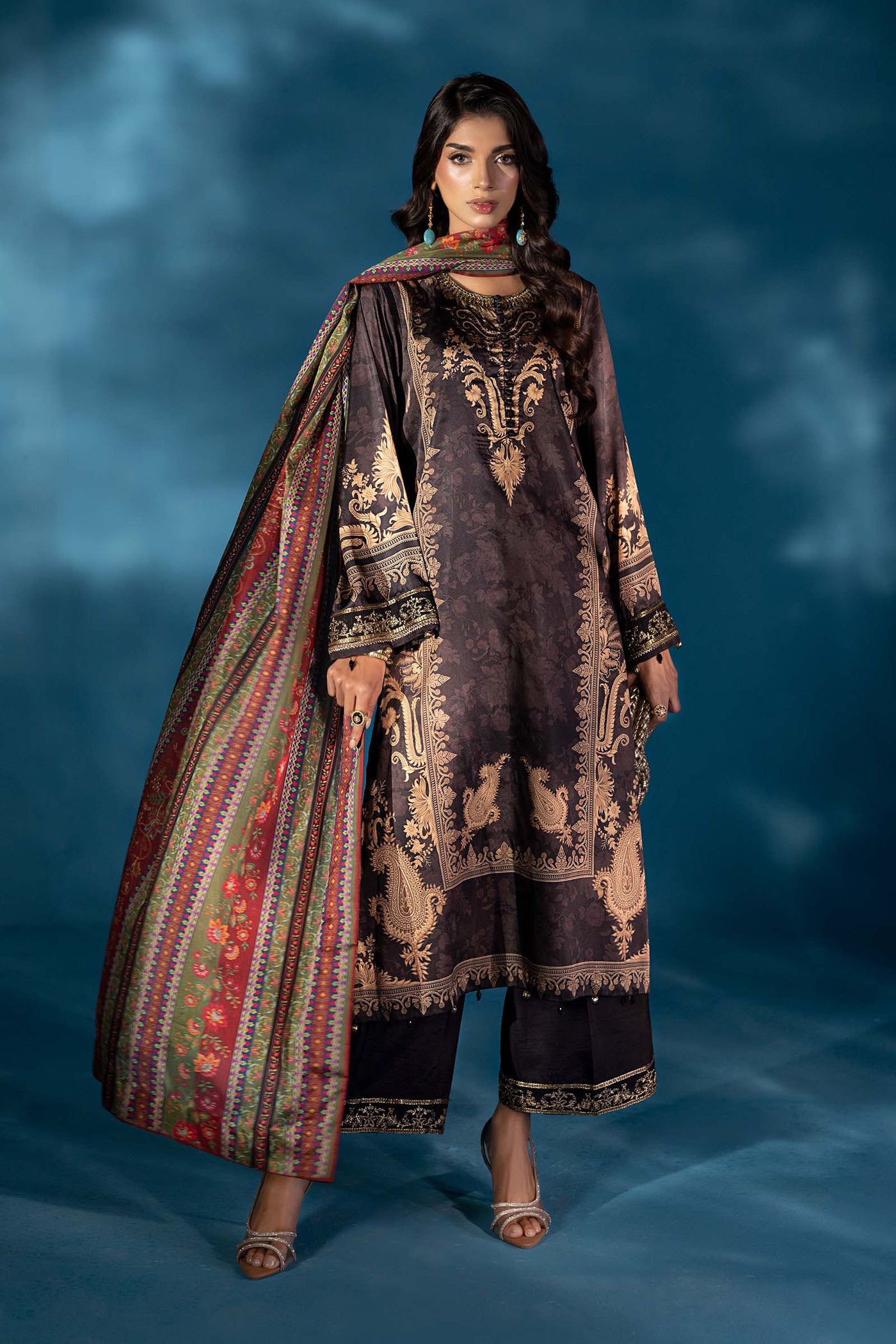 3 Piece Embroidered Satin Silk Suit