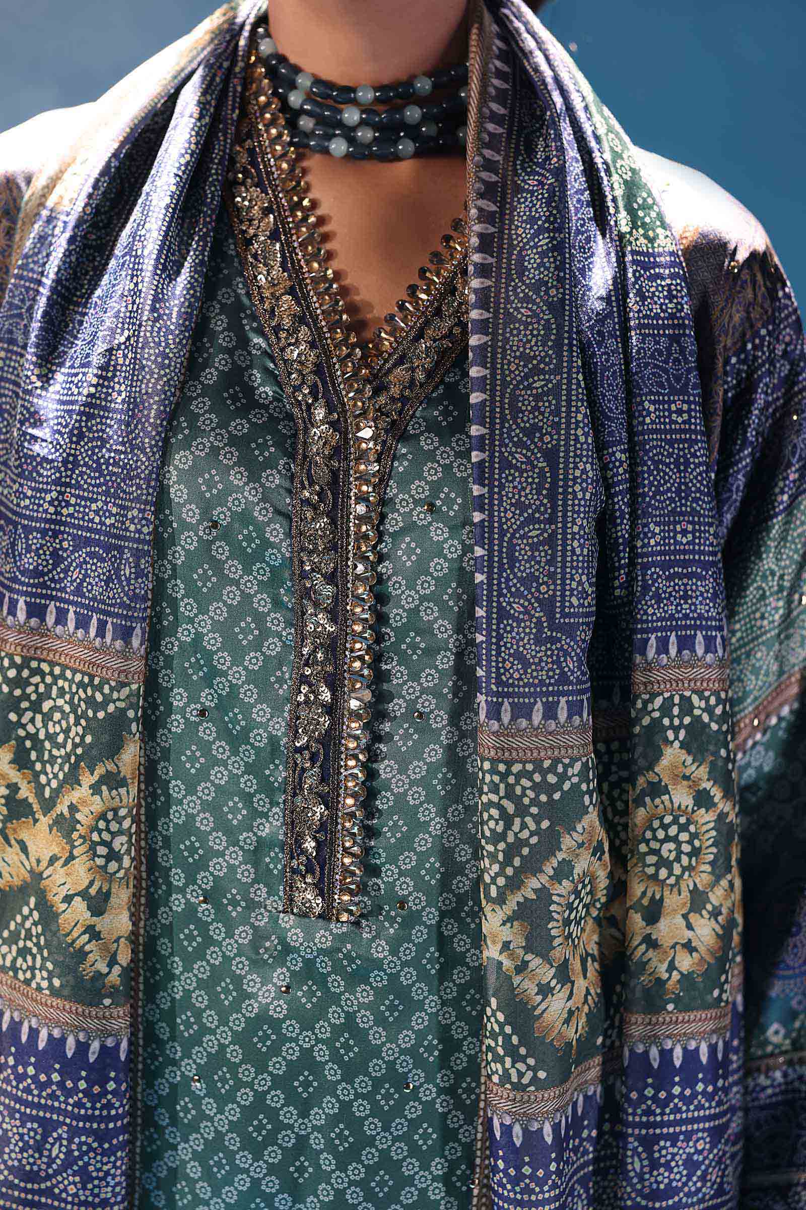 3 Piece Embroidered Satin Silk Suit