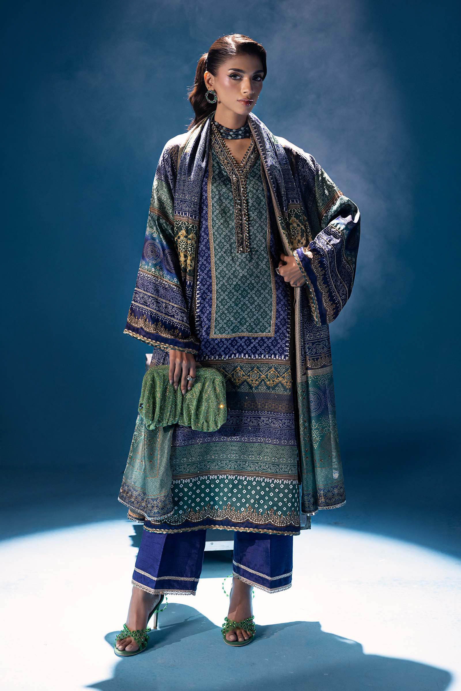 3 Piece Embroidered Satin Silk Suit