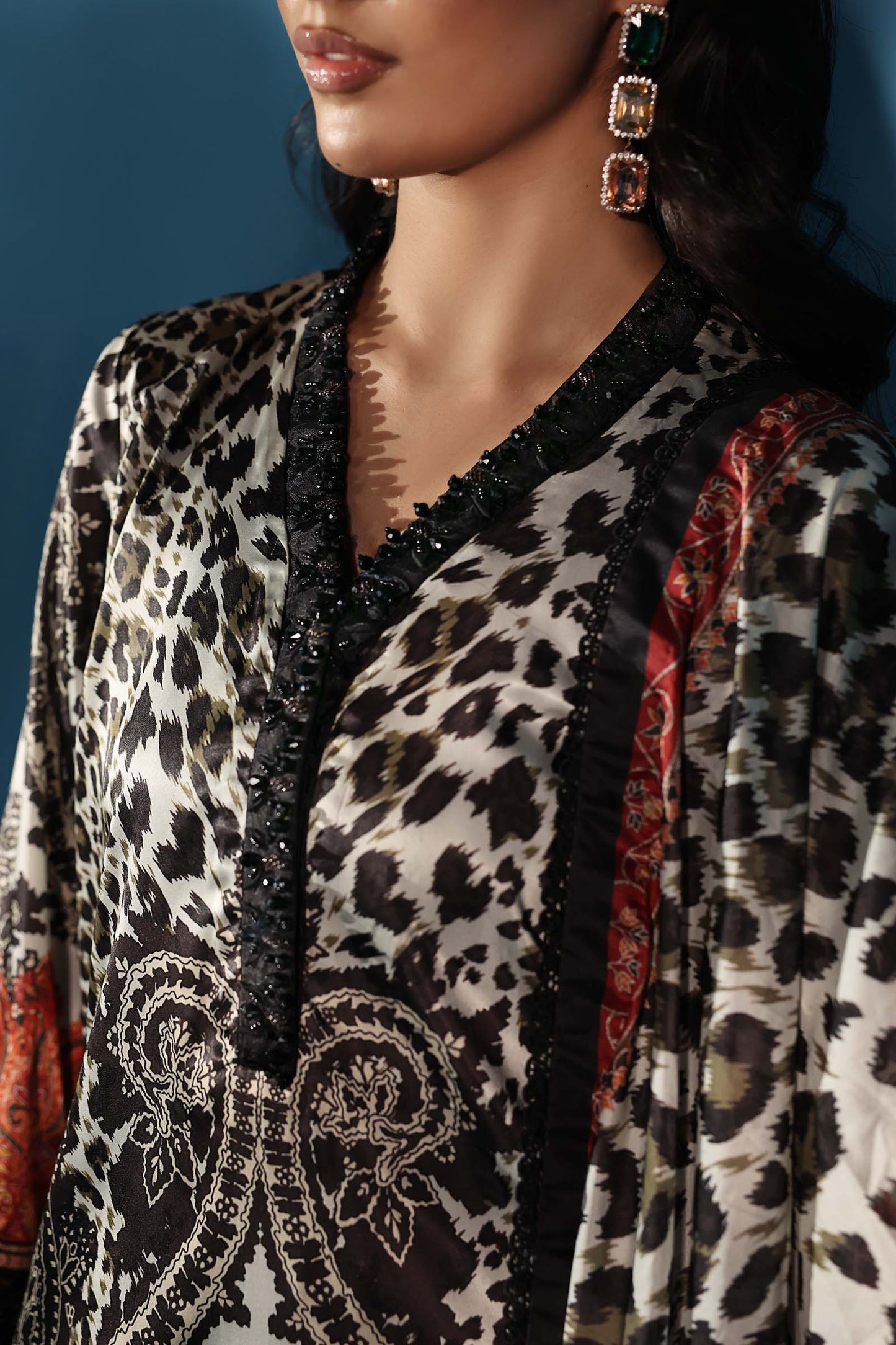 3 Piece Embroidered Satin Silk Suit