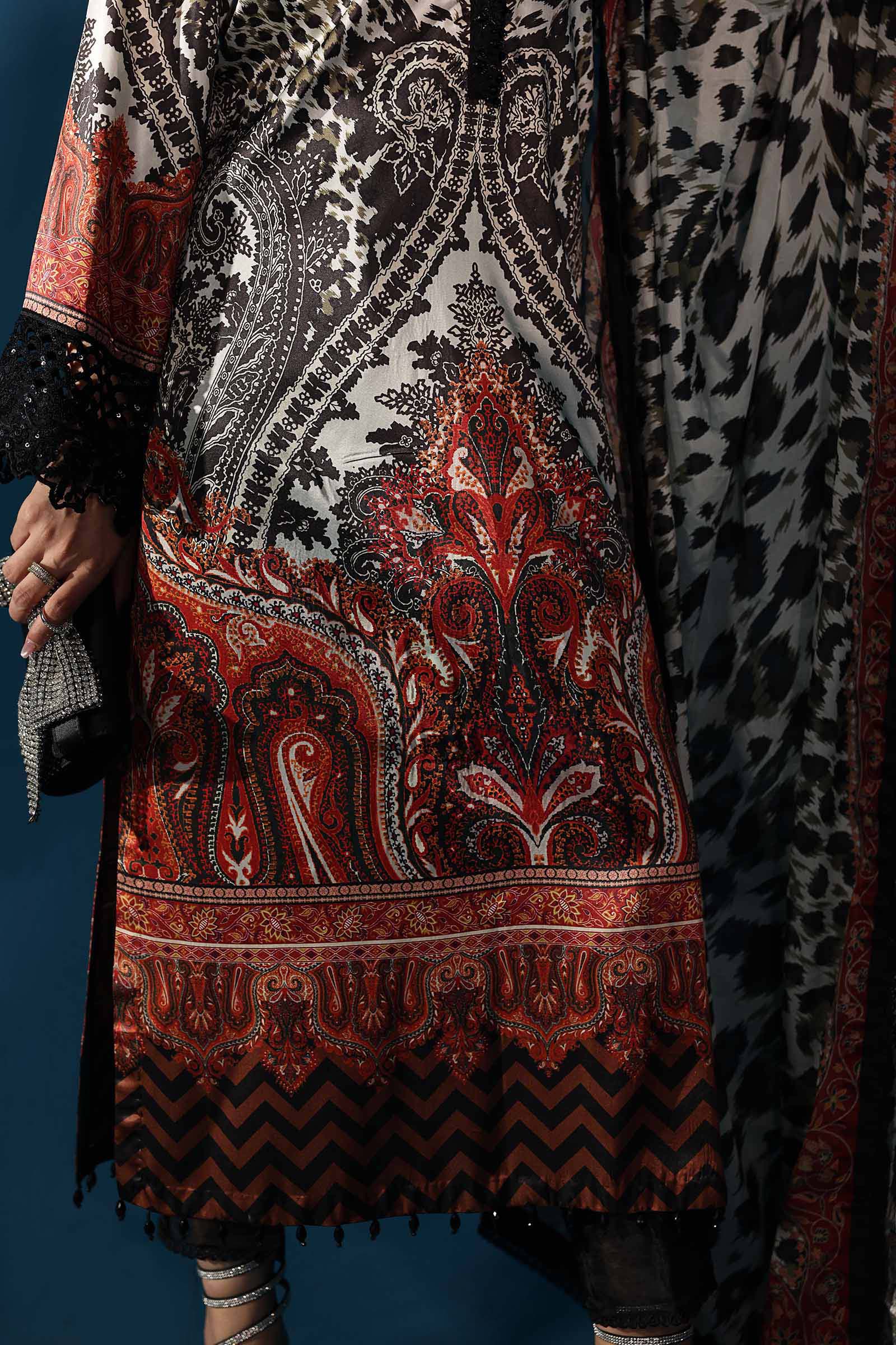 3 Piece Embroidered Satin Silk Suit