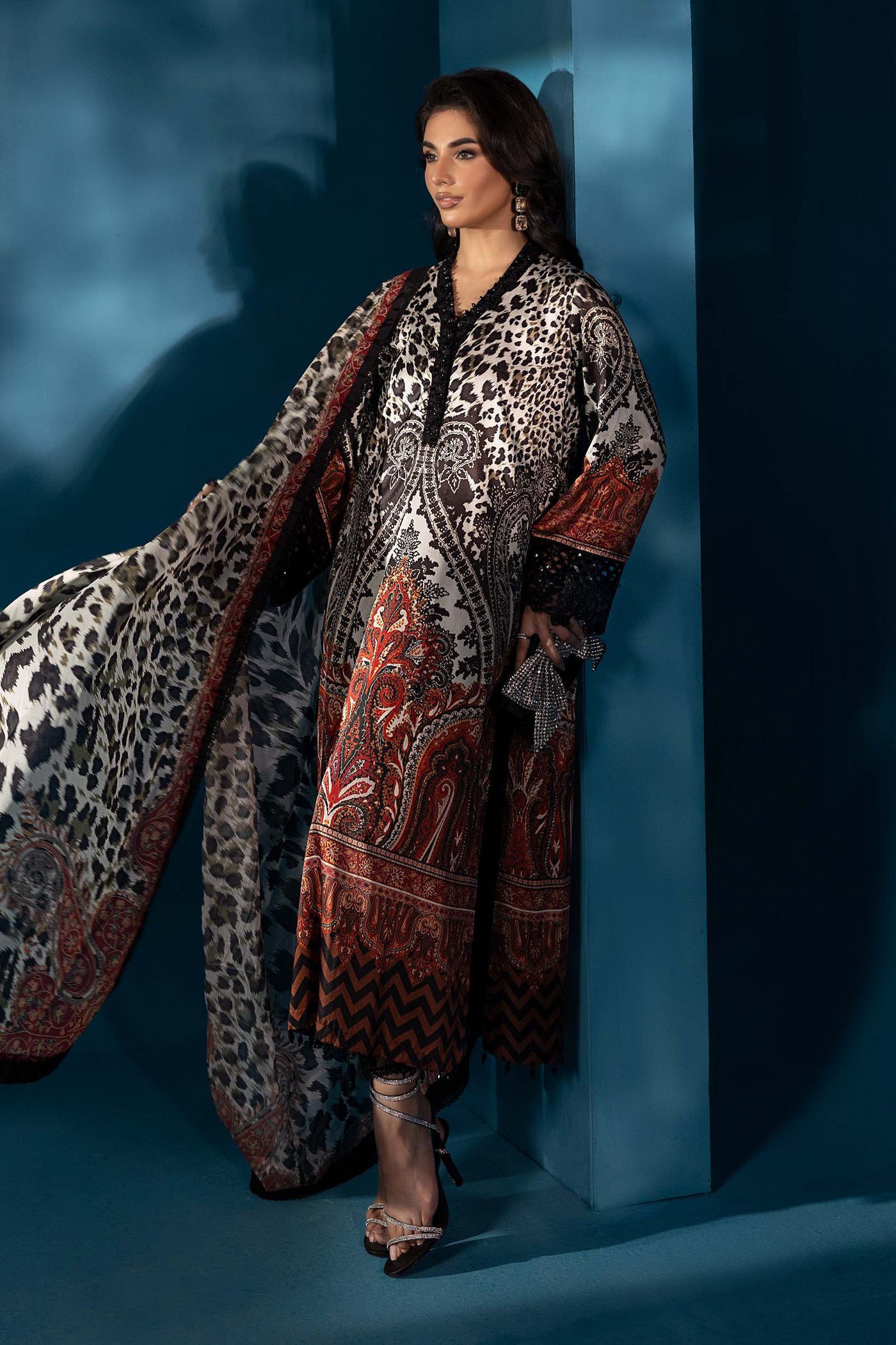 3 Piece Embroidered Satin Silk Suit