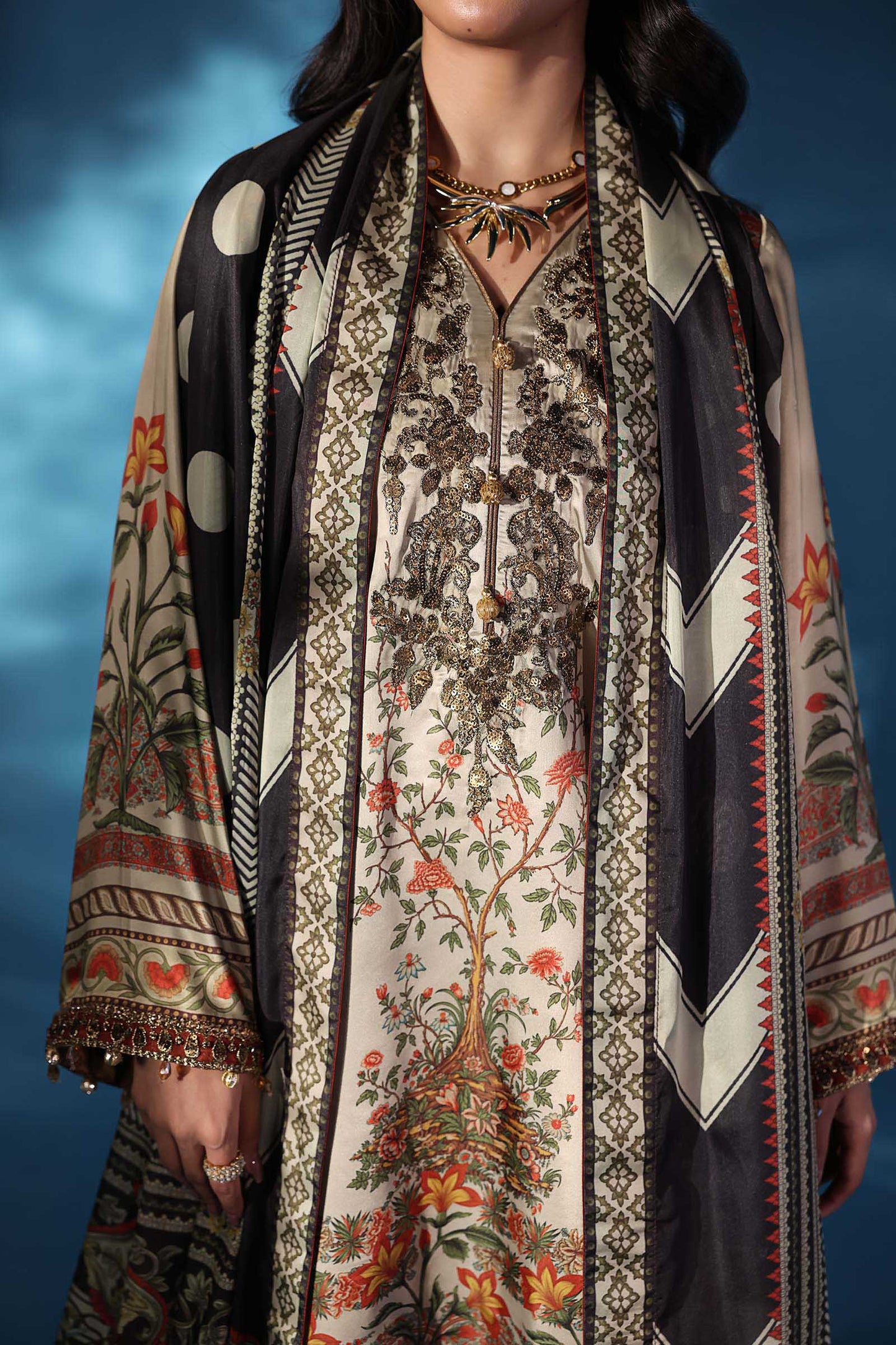 3 Piece Embroidered Satin Silk Suit