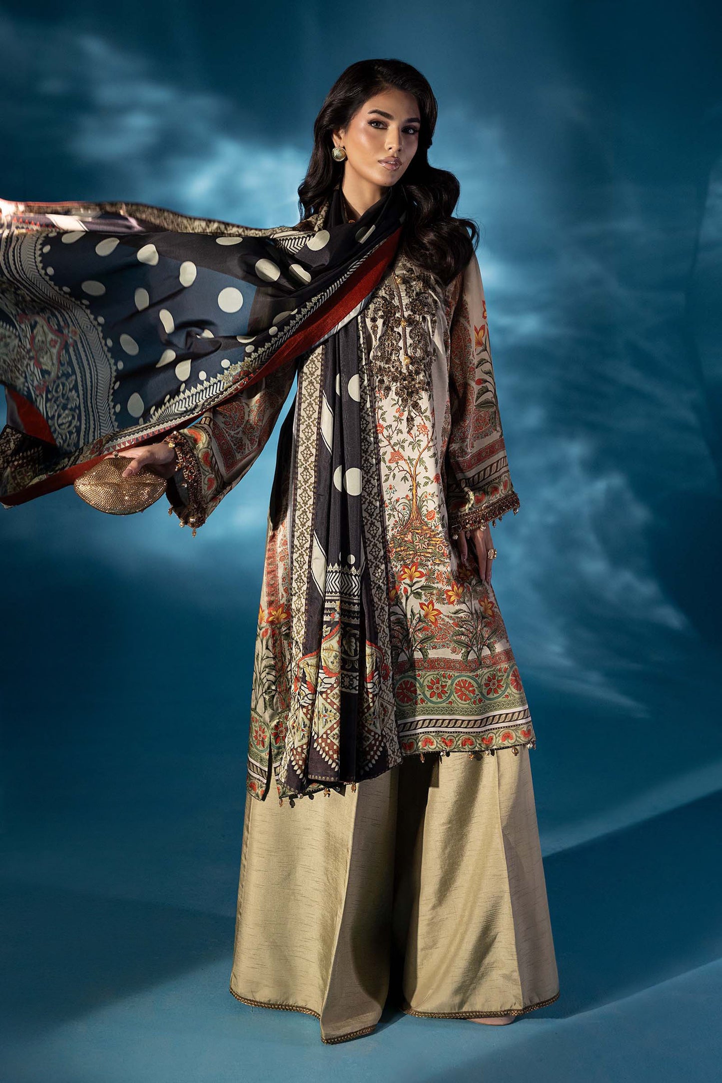 3 Piece Embroidered Satin Silk Suit