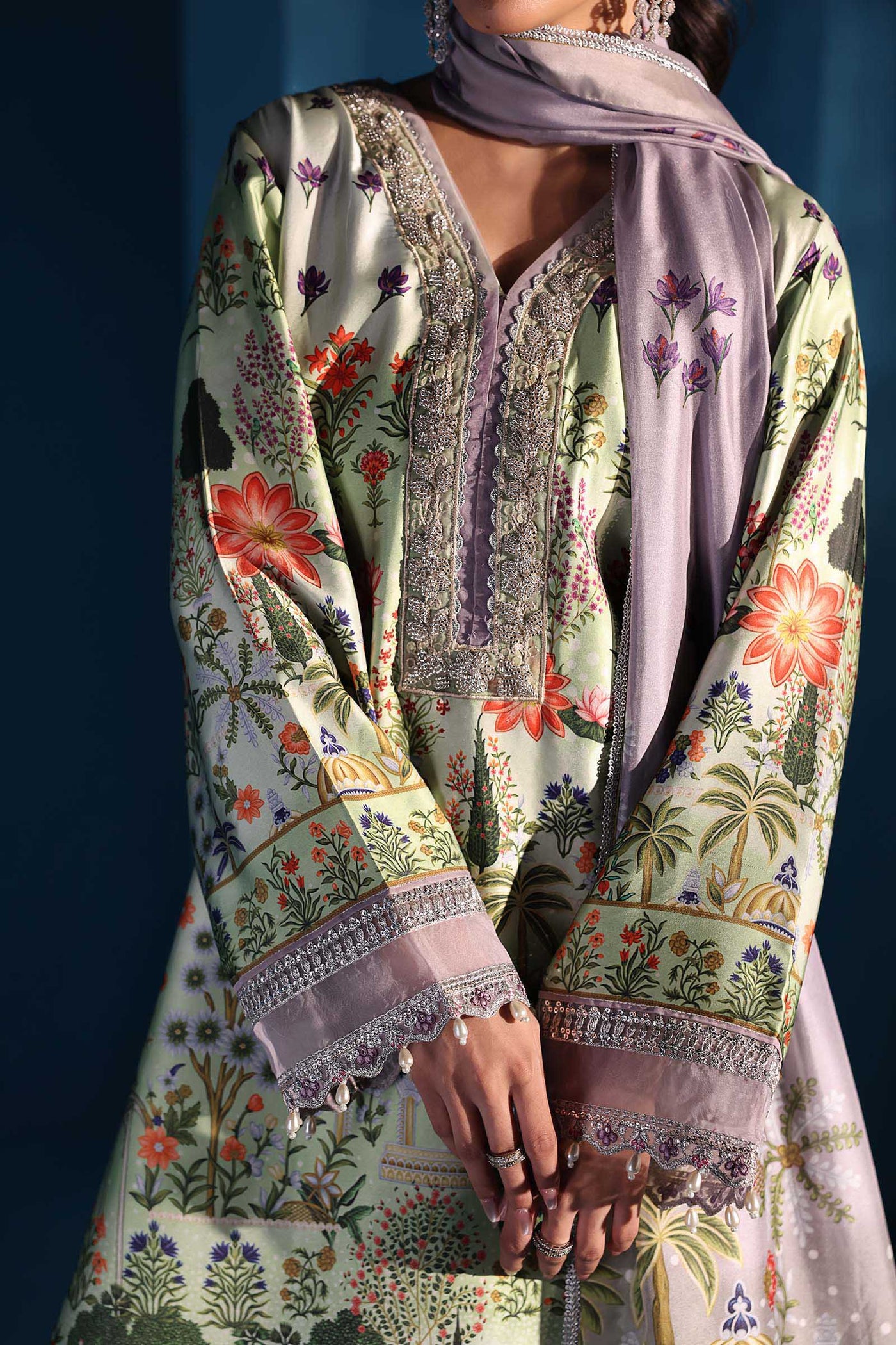 3 Piece Embroidered Satin Silk Suit