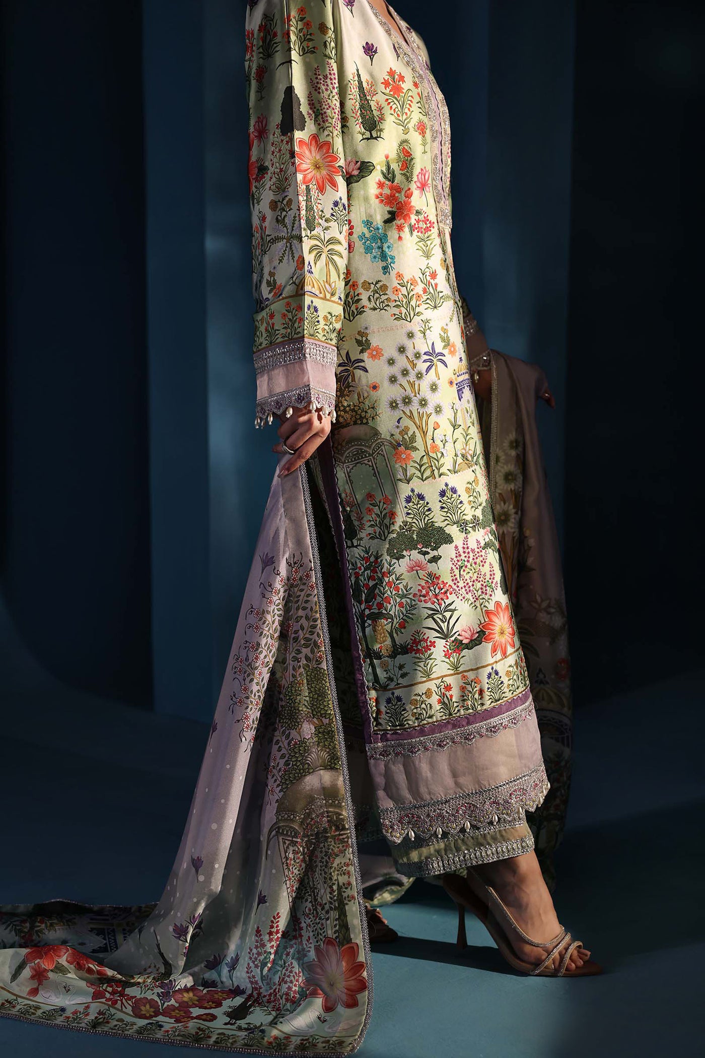 3 Piece Embroidered Satin Silk Suit