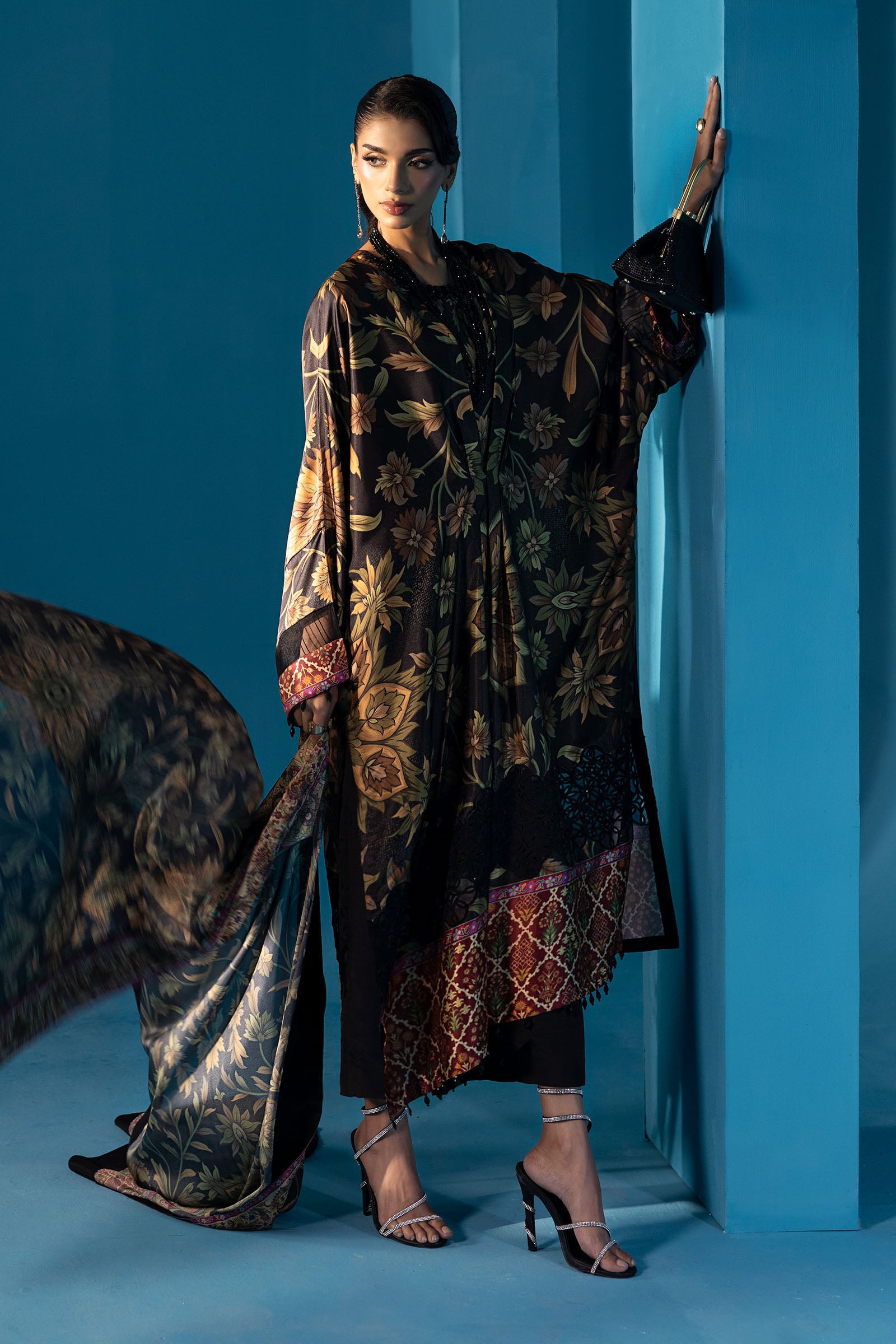 3 Piece Embroidered Satin Silk Suit