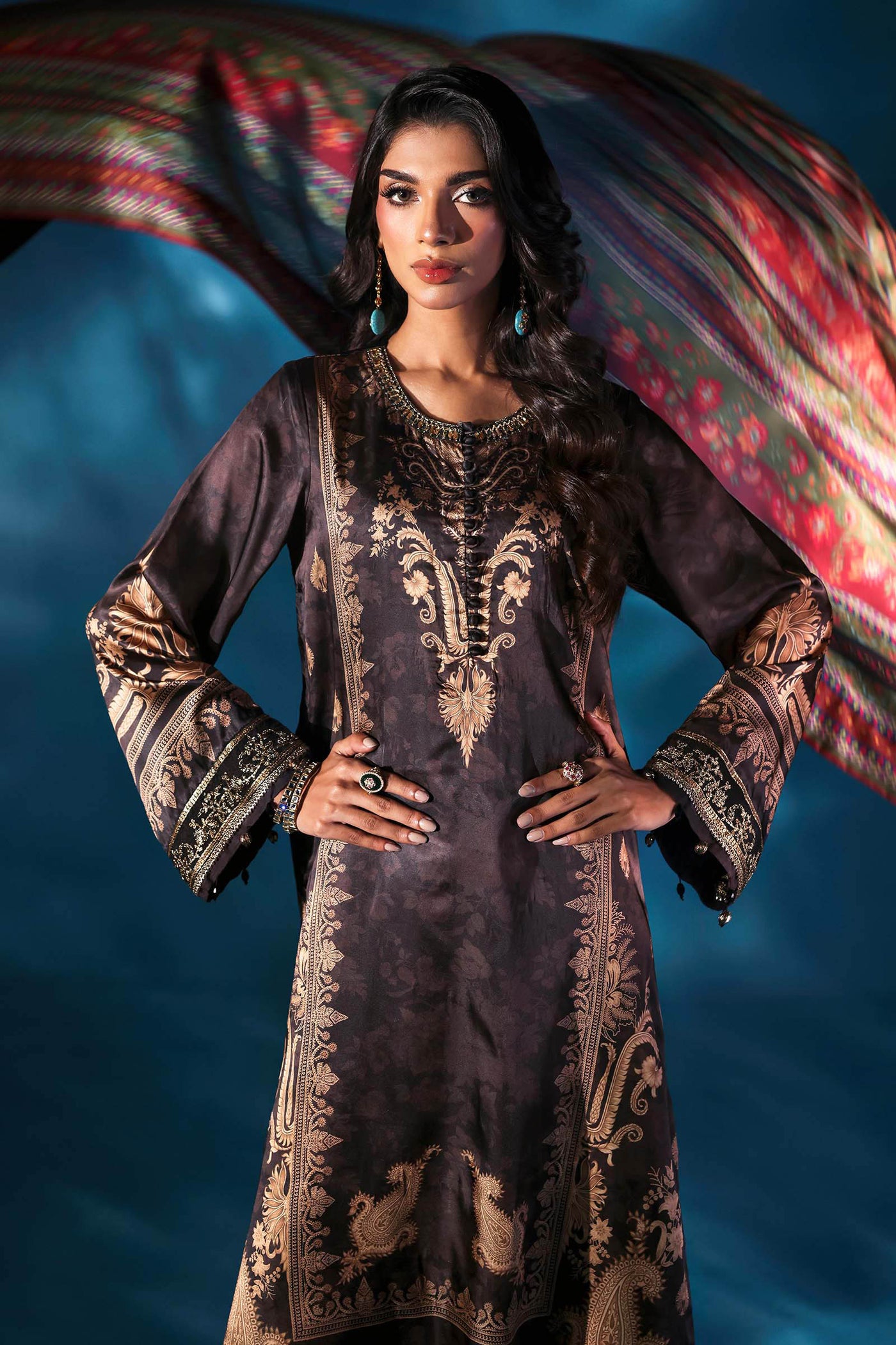 3 Piece Embroidered Satin Silk Suit