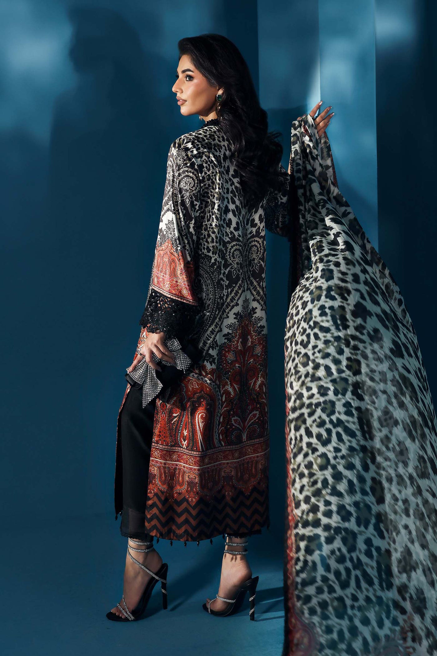 3 Piece Embroidered Satin Silk Suit