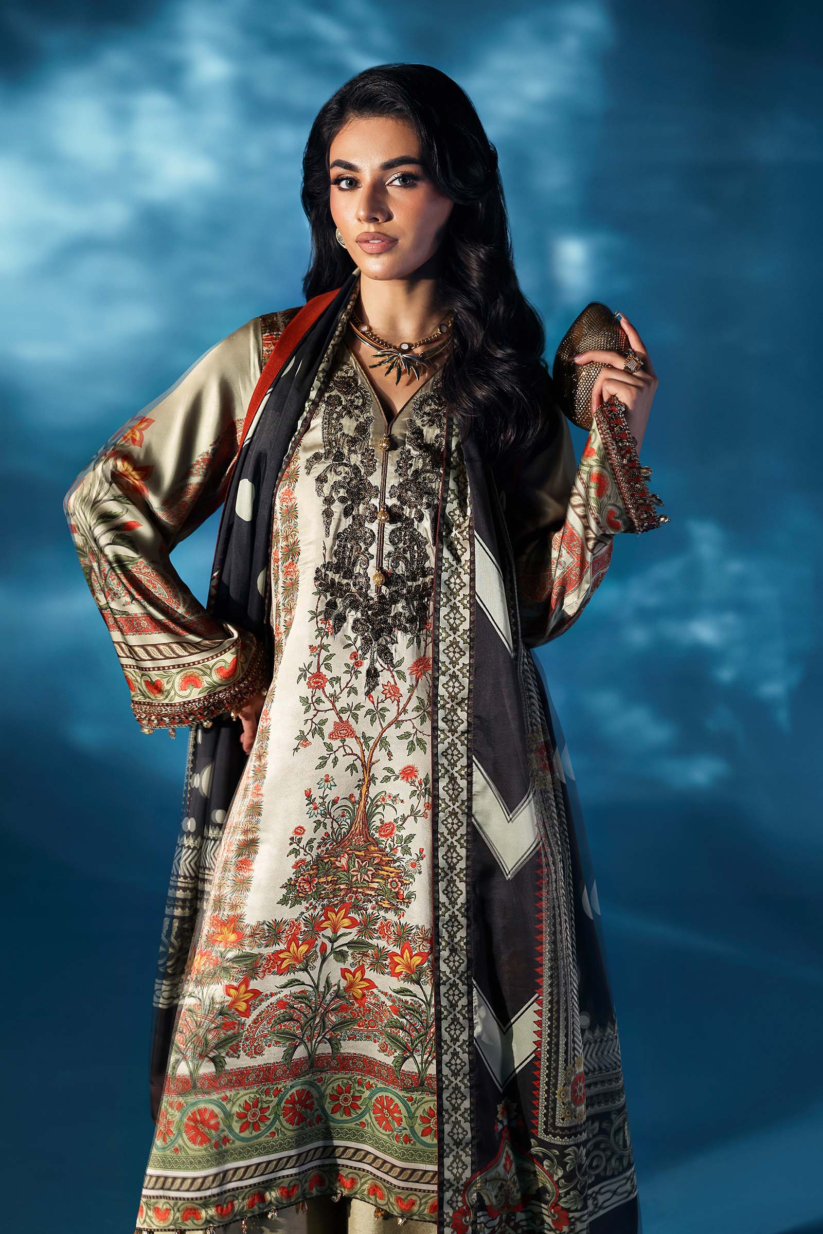 3 Piece Embroidered Satin Silk Suit