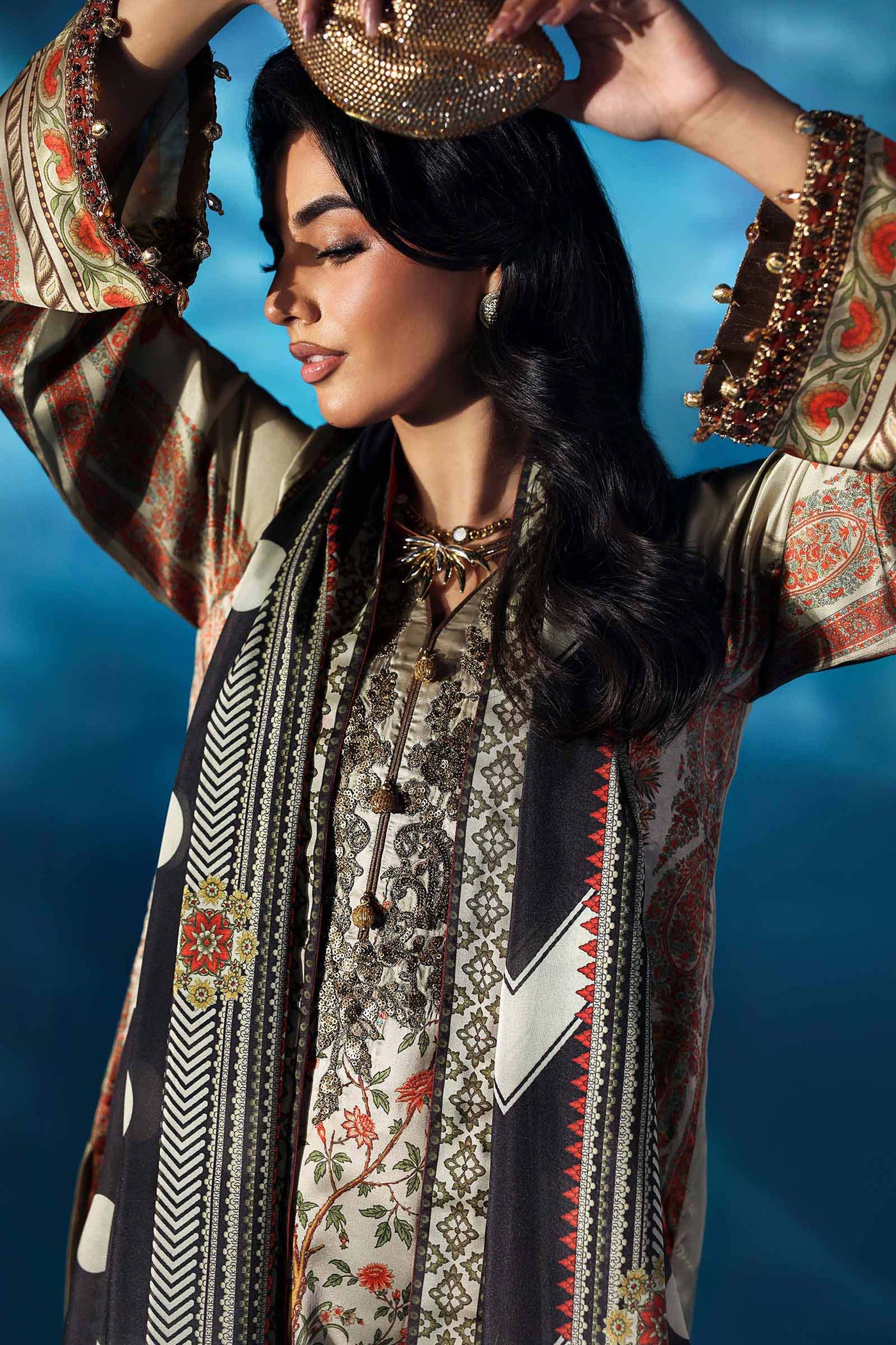 3 Piece Embroidered Satin Silk Suit