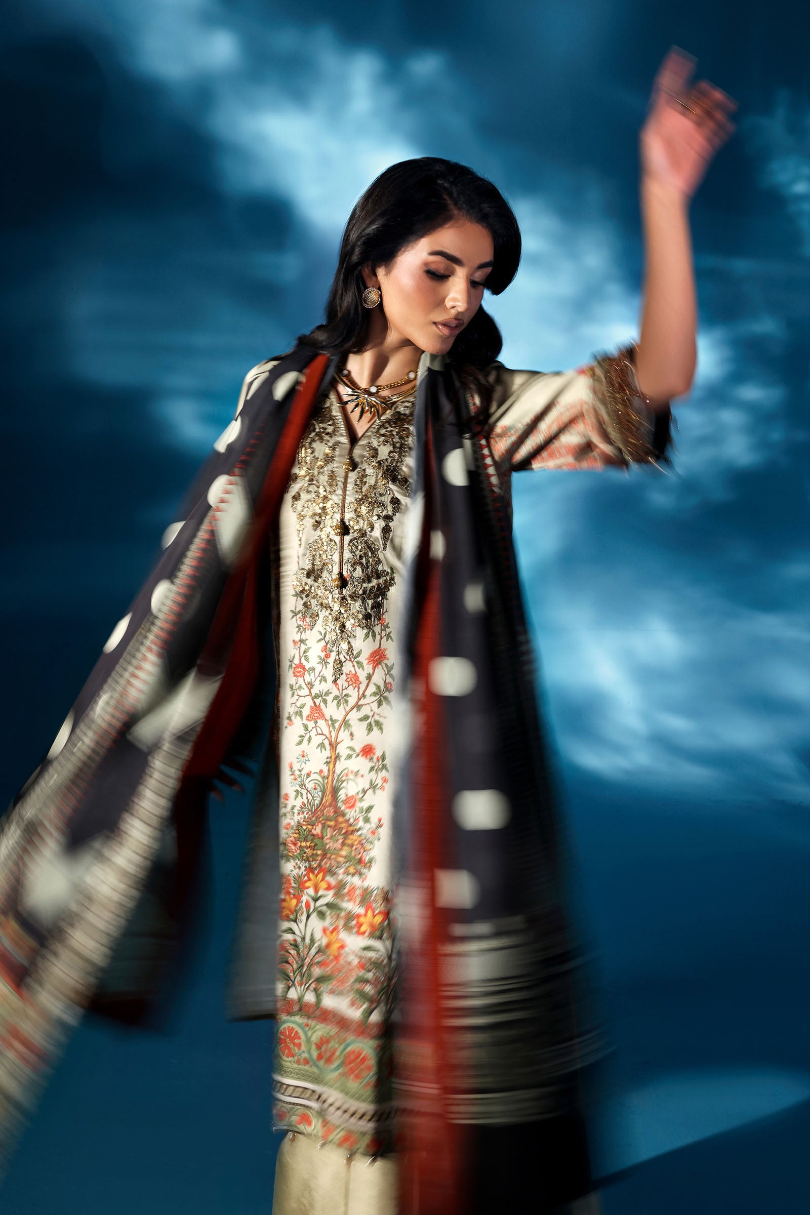 3 Piece Embroidered Satin Silk Suit