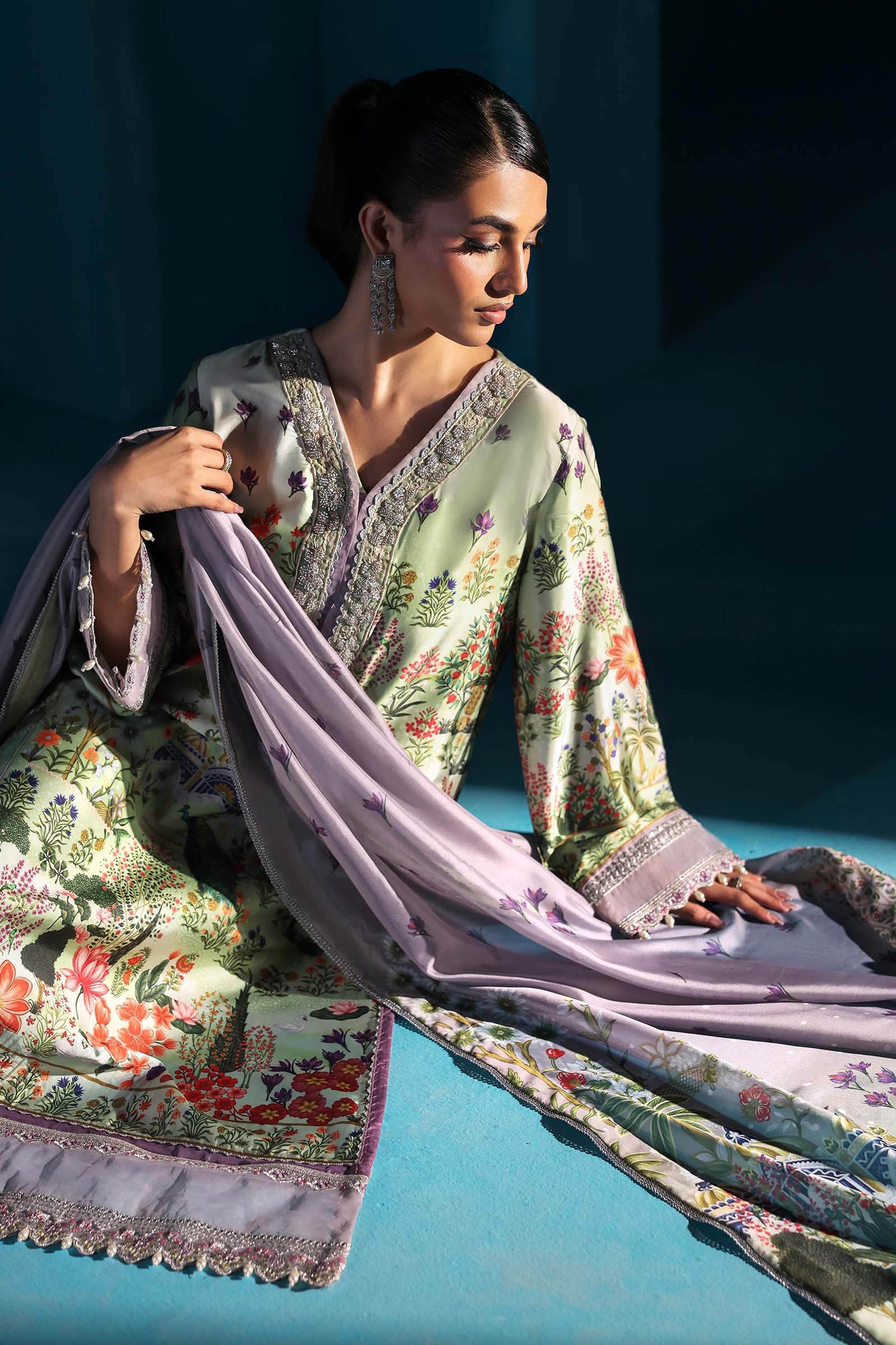 3 Piece Embroidered Satin Silk Suit