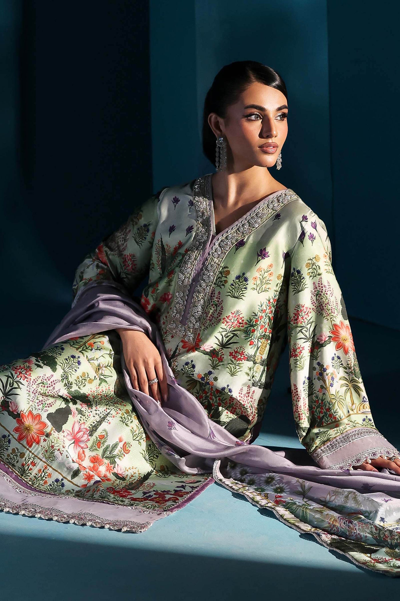 3 Piece Embroidered Satin Silk Suit