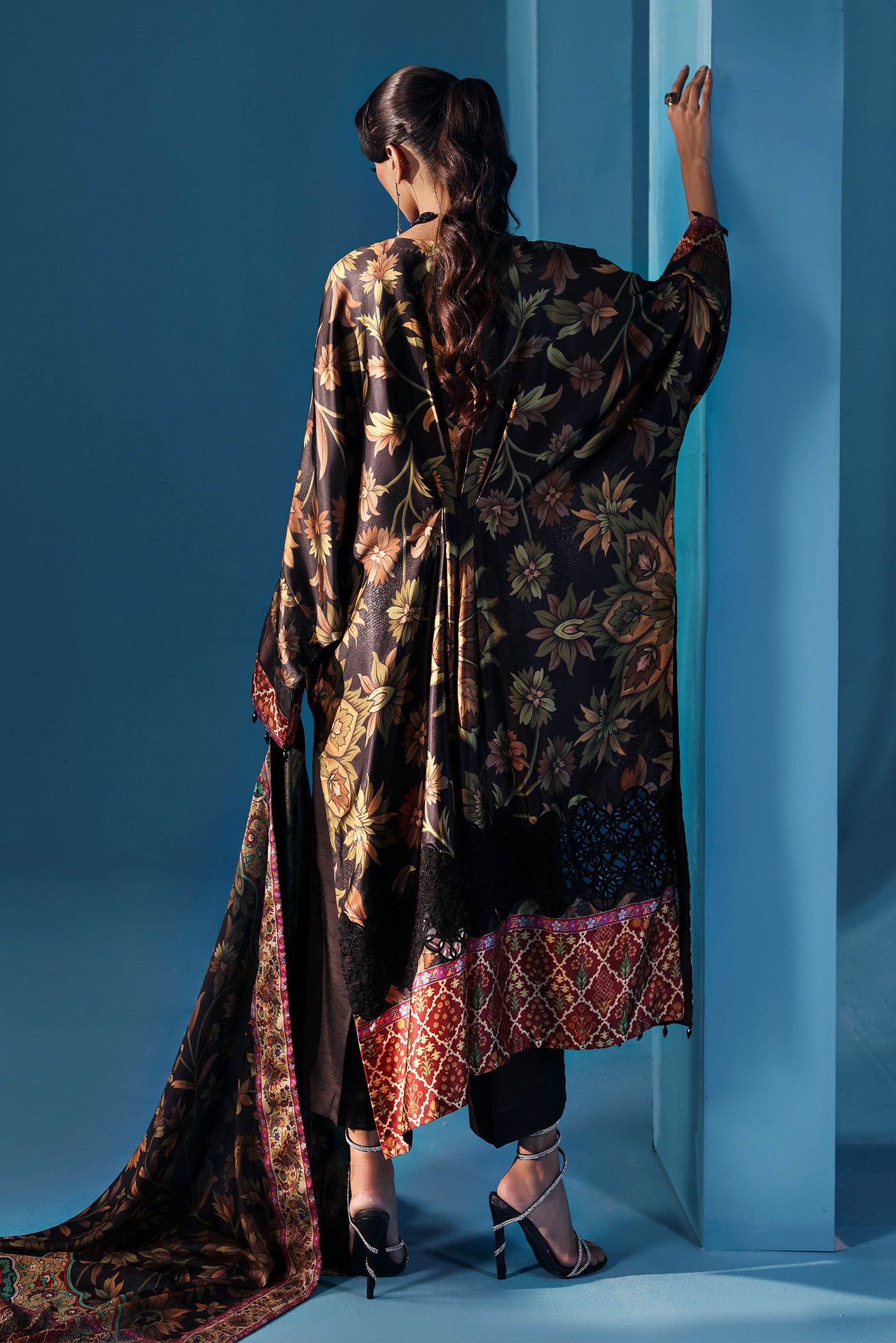 3 Piece Embroidered Satin Silk Suit