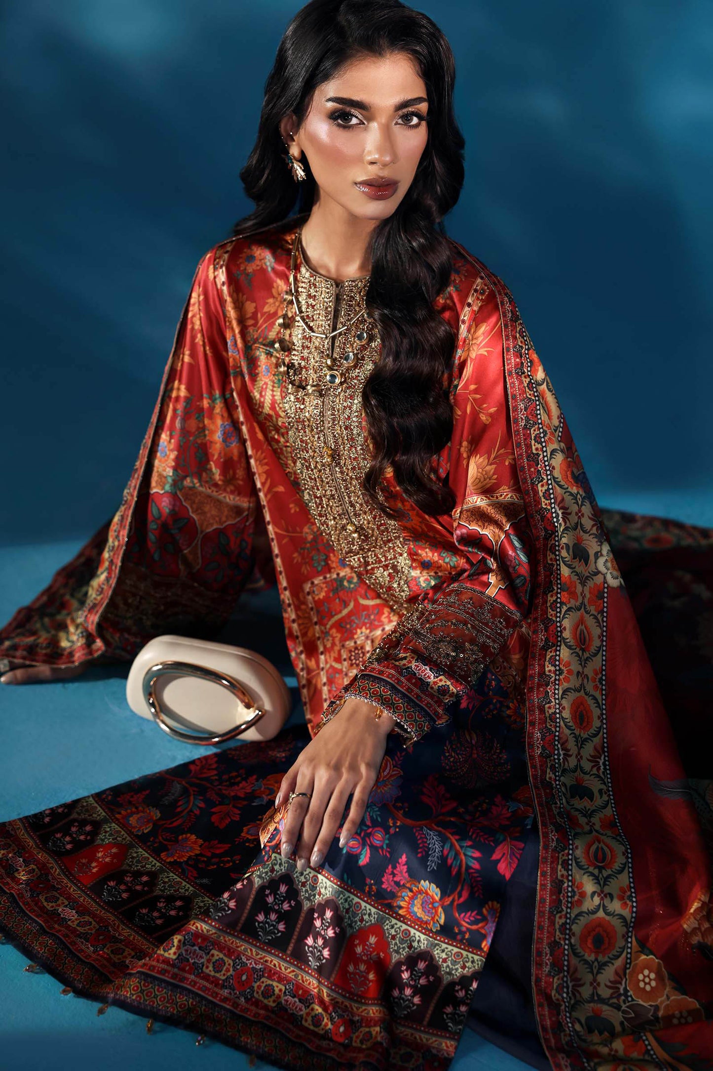 3 Piece Embroidered Satin Silk Suit