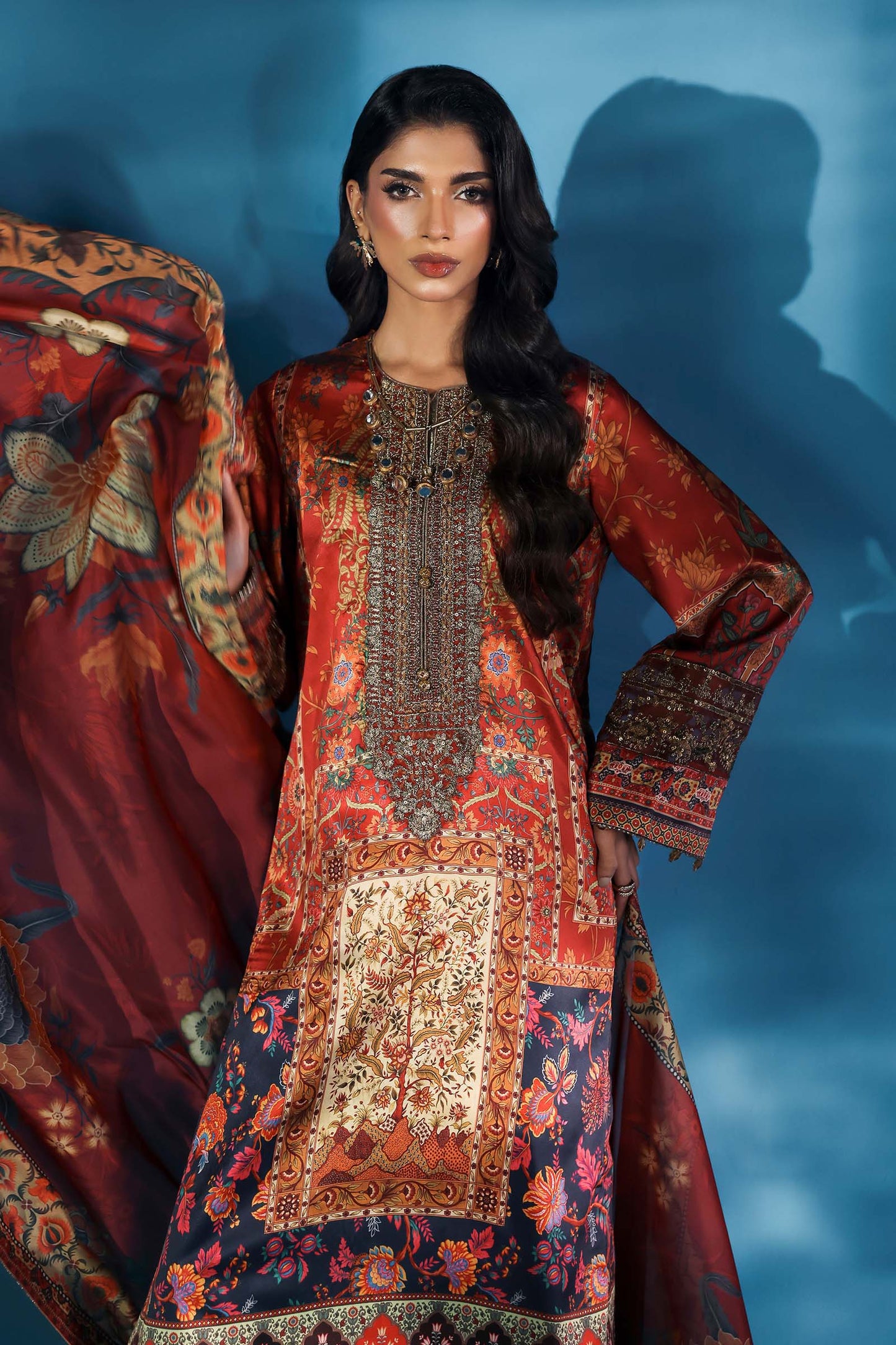 3 Piece Embroidered Satin Silk Suit