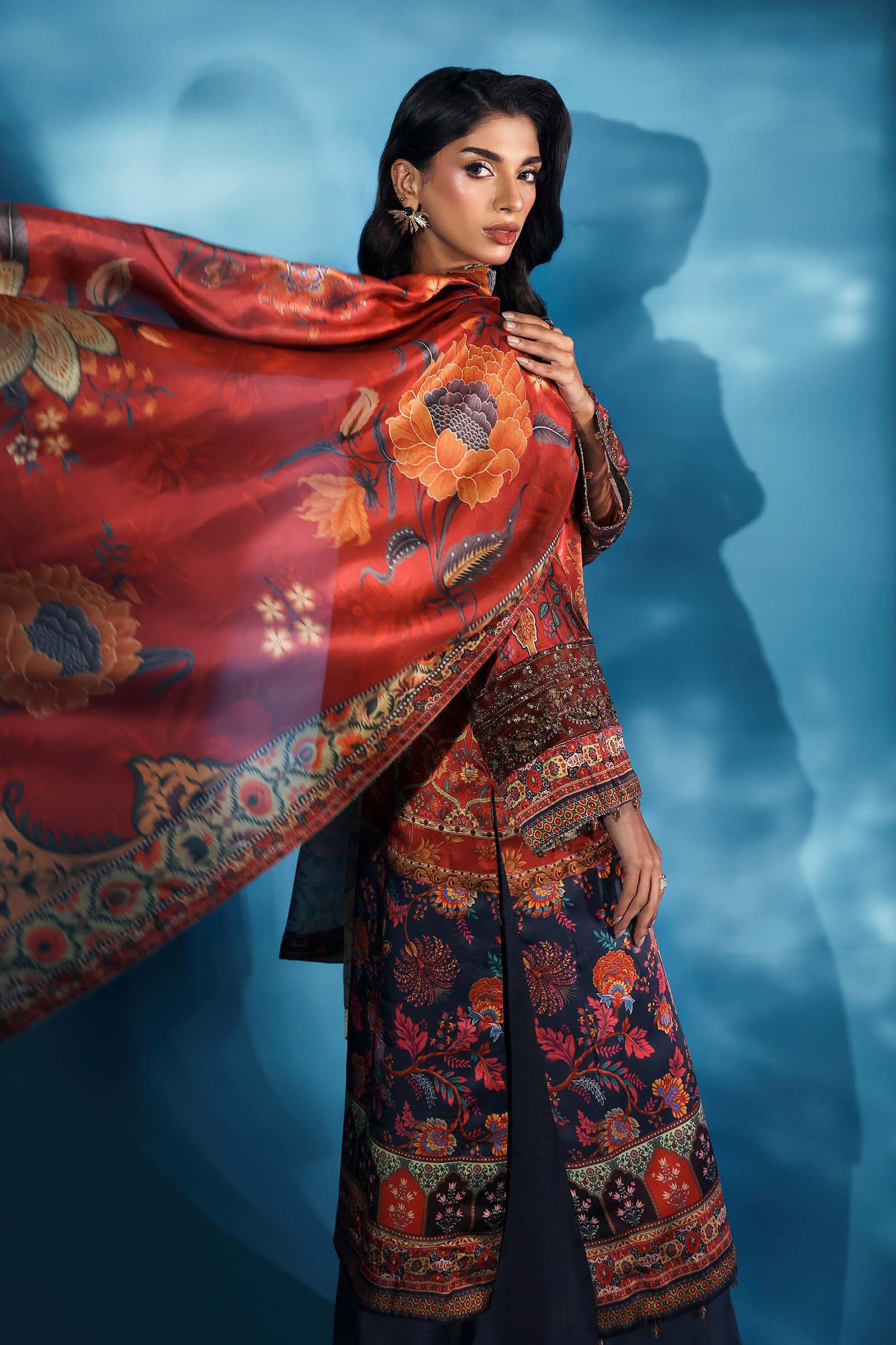 3 Piece Embroidered Satin Silk Suit