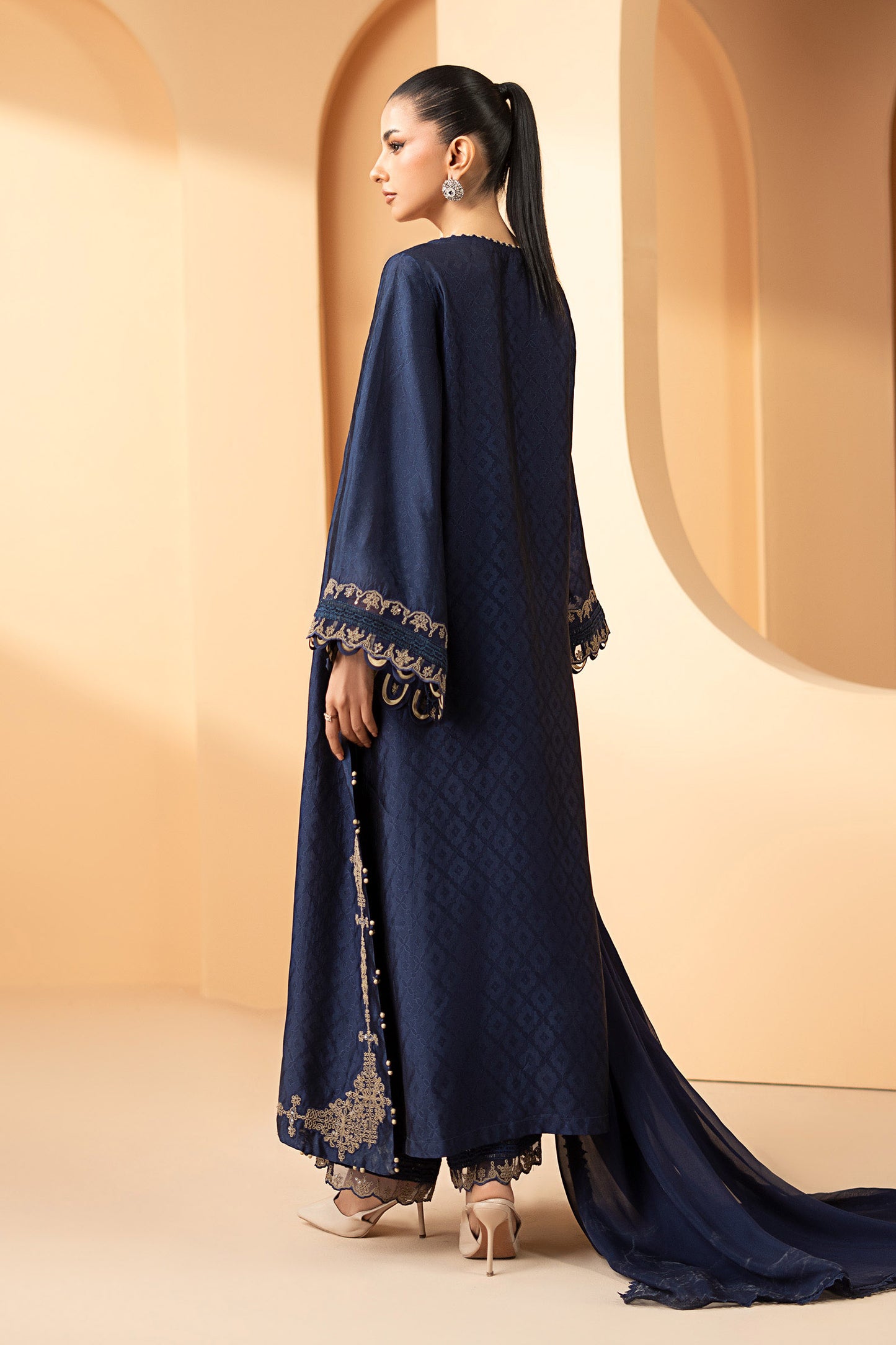 3 Piece Embroidered Self Tassel Silk Suit