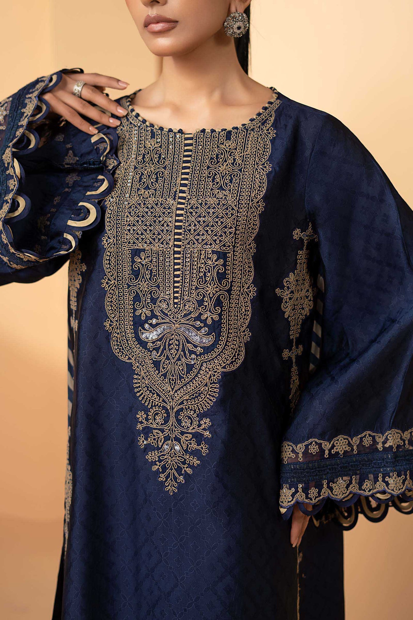 3 Piece Embroidered Self Tassel Silk Suit