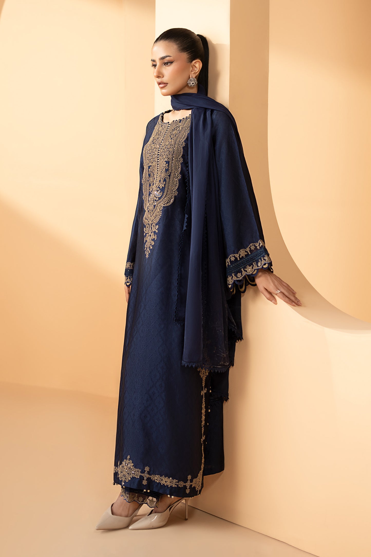 3 Piece Embroidered Self Tassel Silk Suit