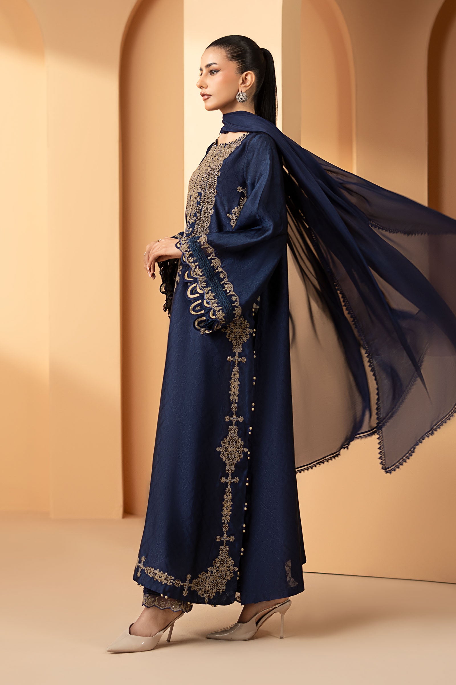 3 Piece Embroidered Self Tassel Silk Suit