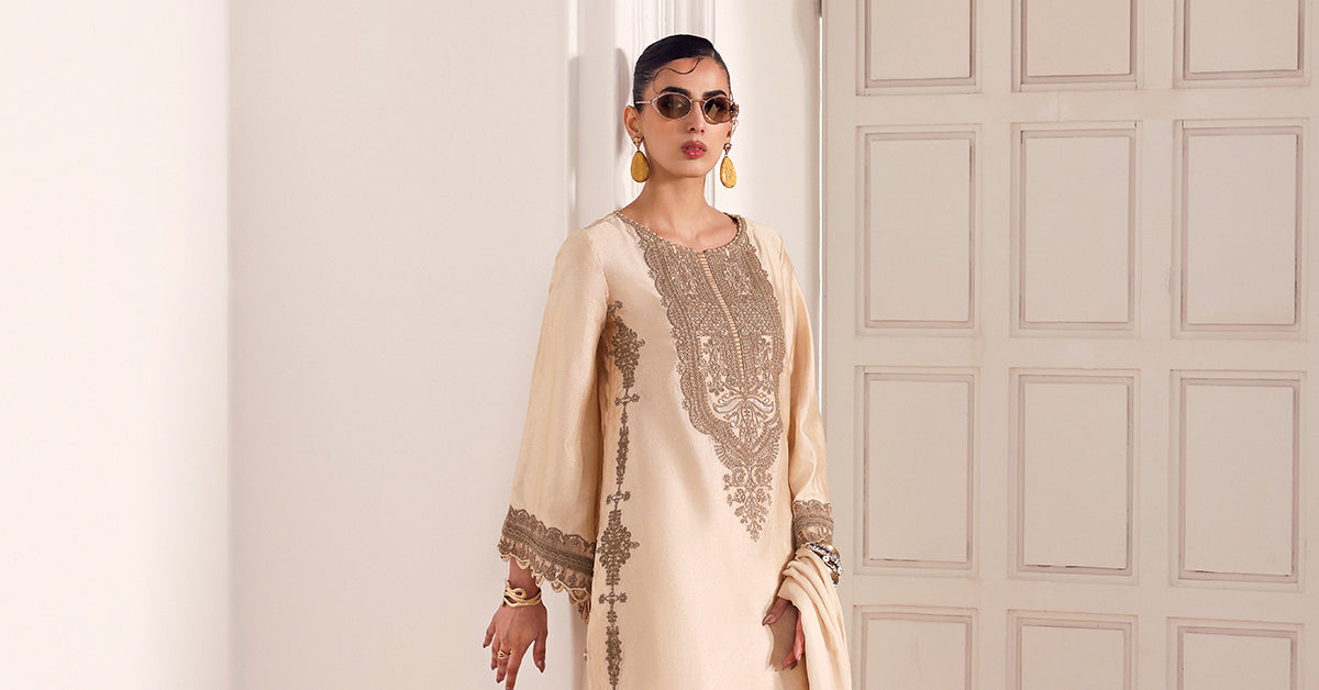 3 Piece Embroidered Self Tassel Silk Suit