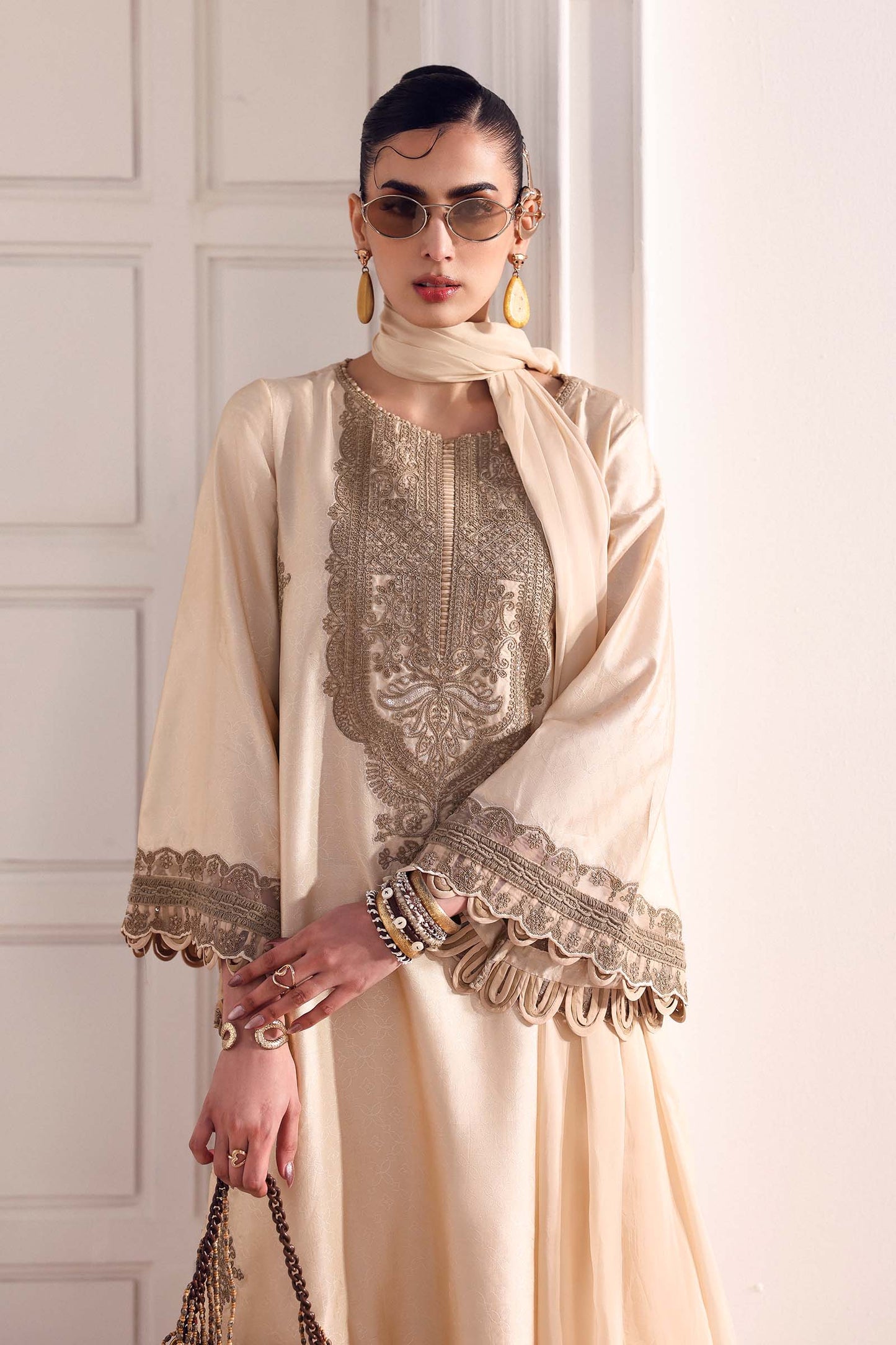 3 Piece Embroidered Self Tassel Silk Suit