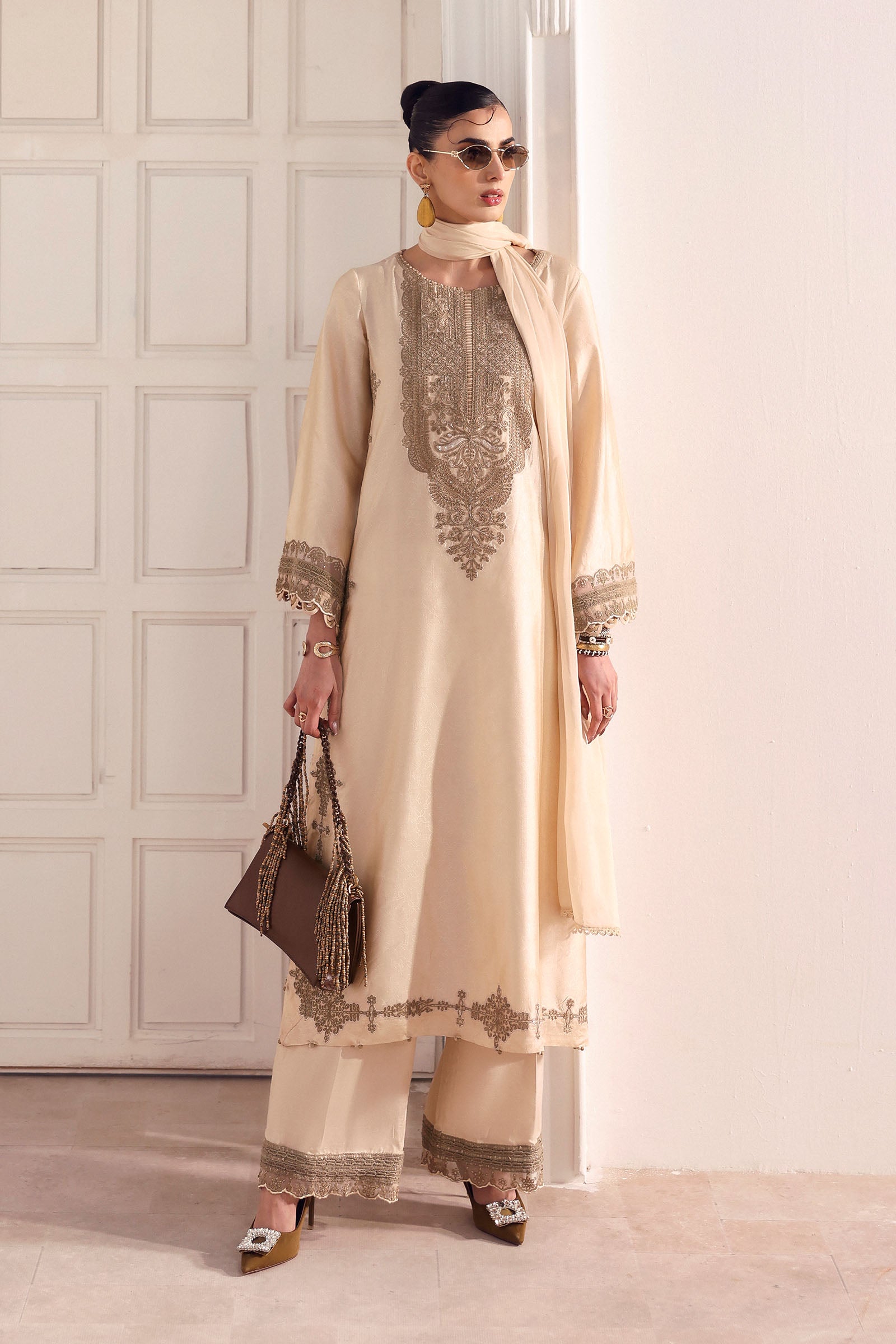 3 Piece Embroidered Self Tassel Silk Suit