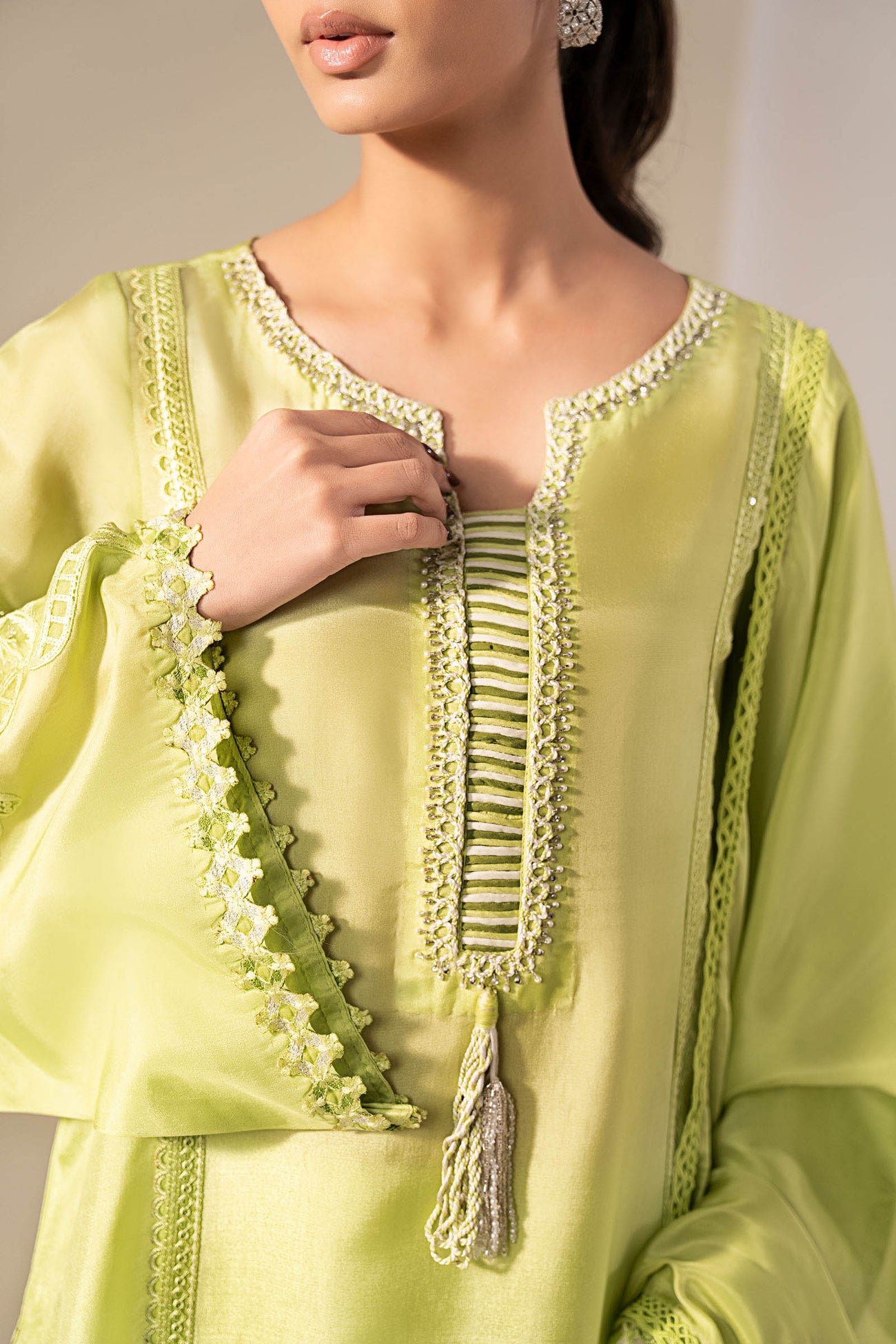 3 Piece Embroidered Tassel Silk Suit