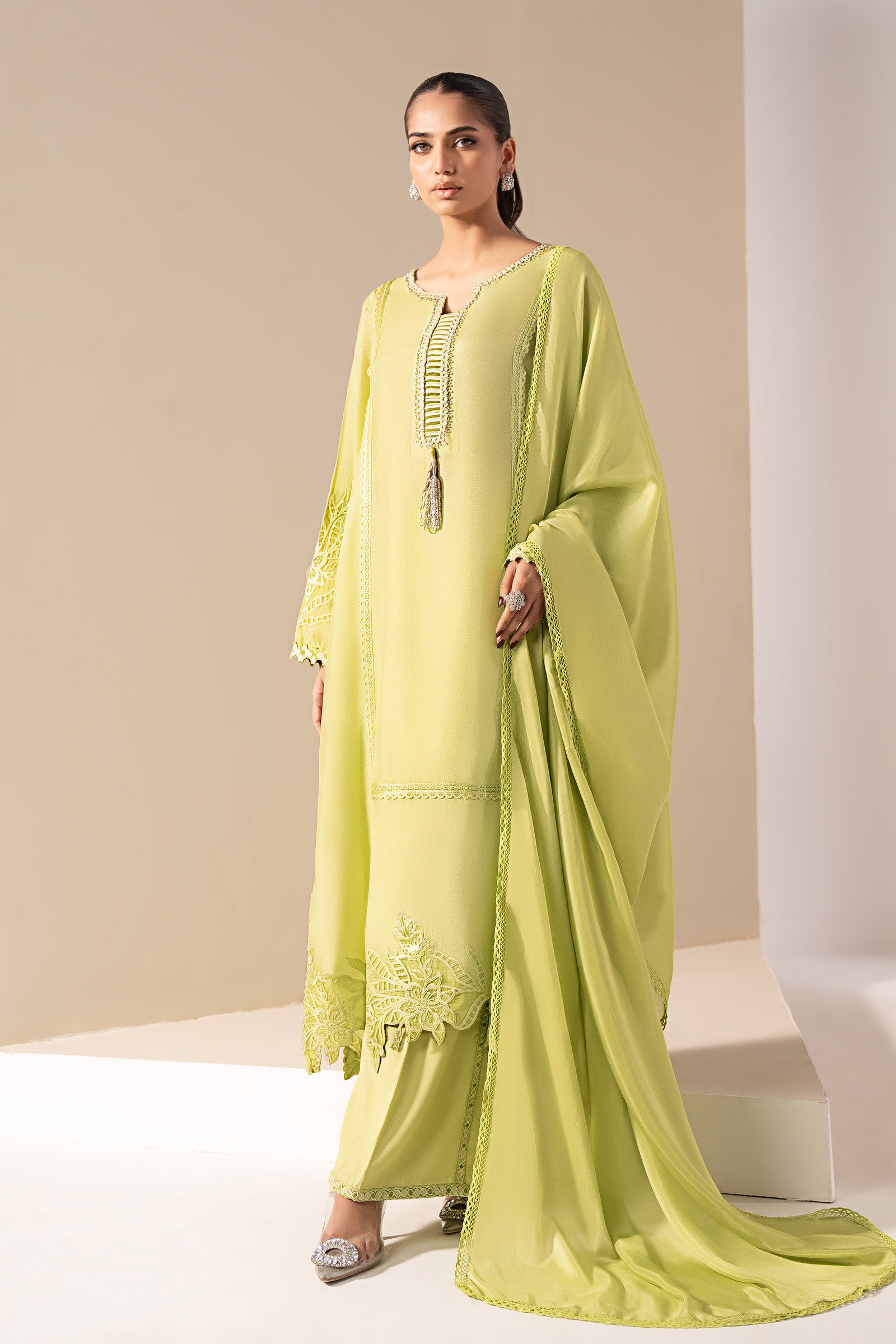 3 Piece Embroidered Tassel Silk Suit