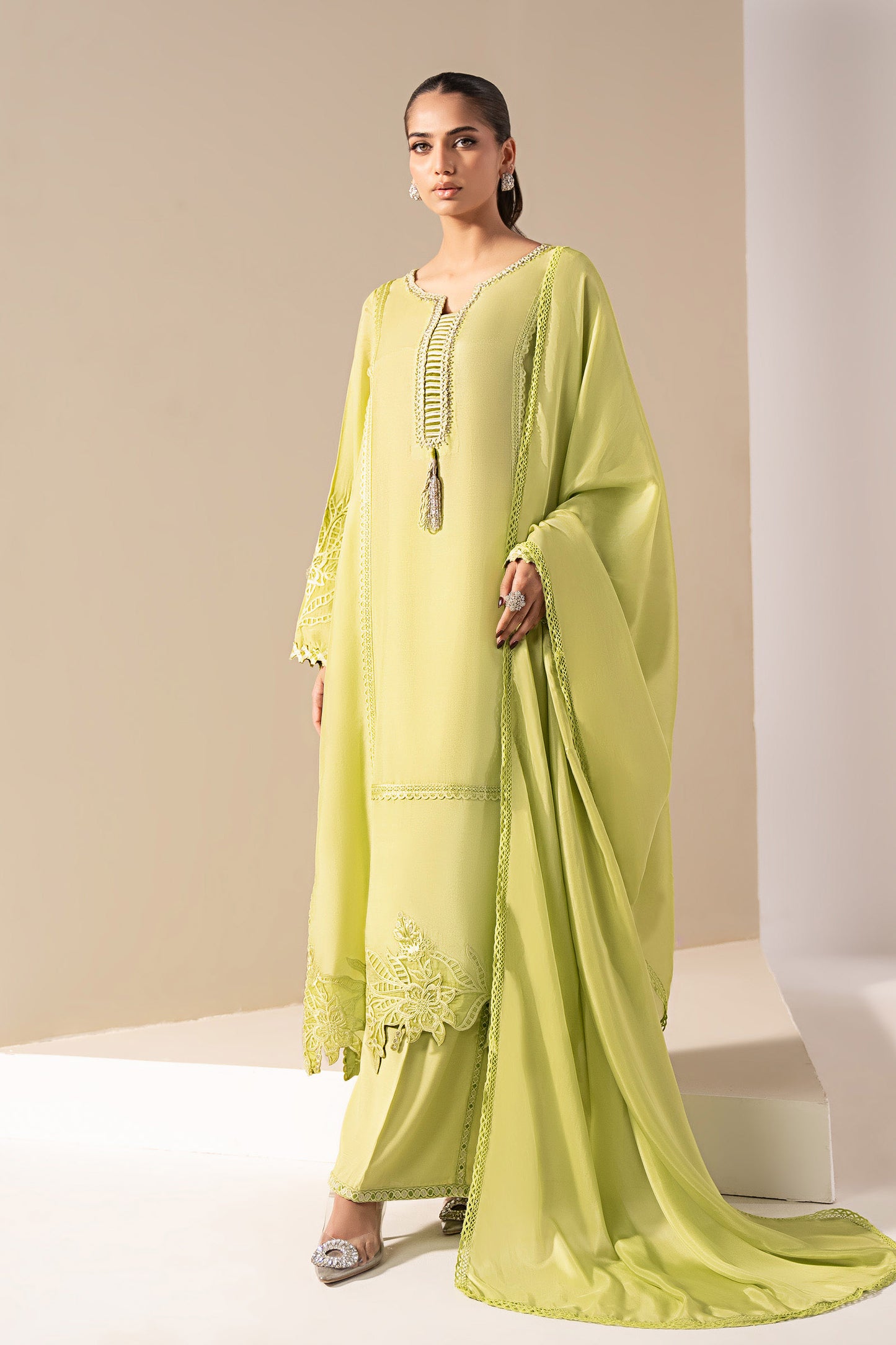 3 Piece Embroidered Tassel Silk Suit