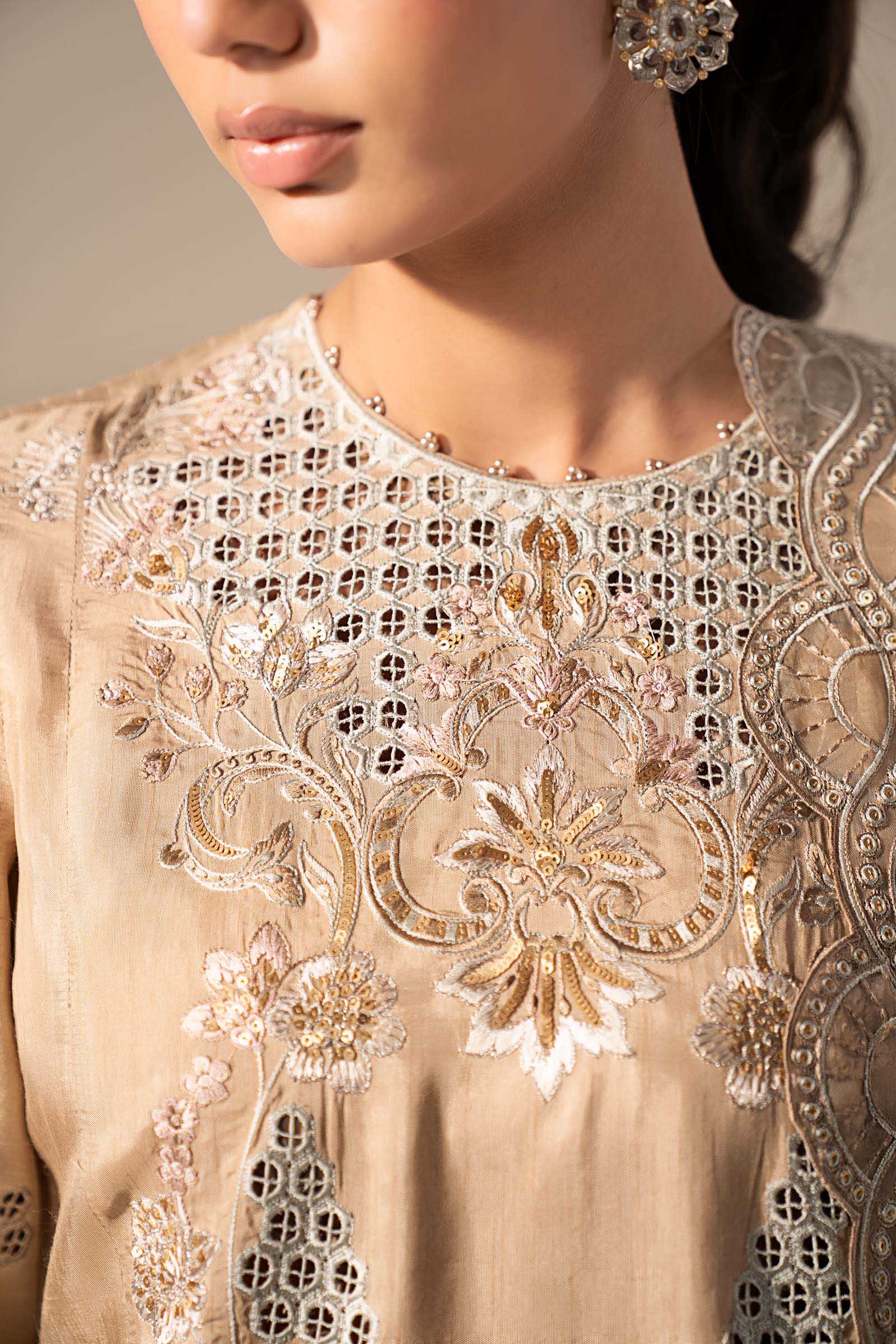 3 Piece Embroidered Raw Silk Suit