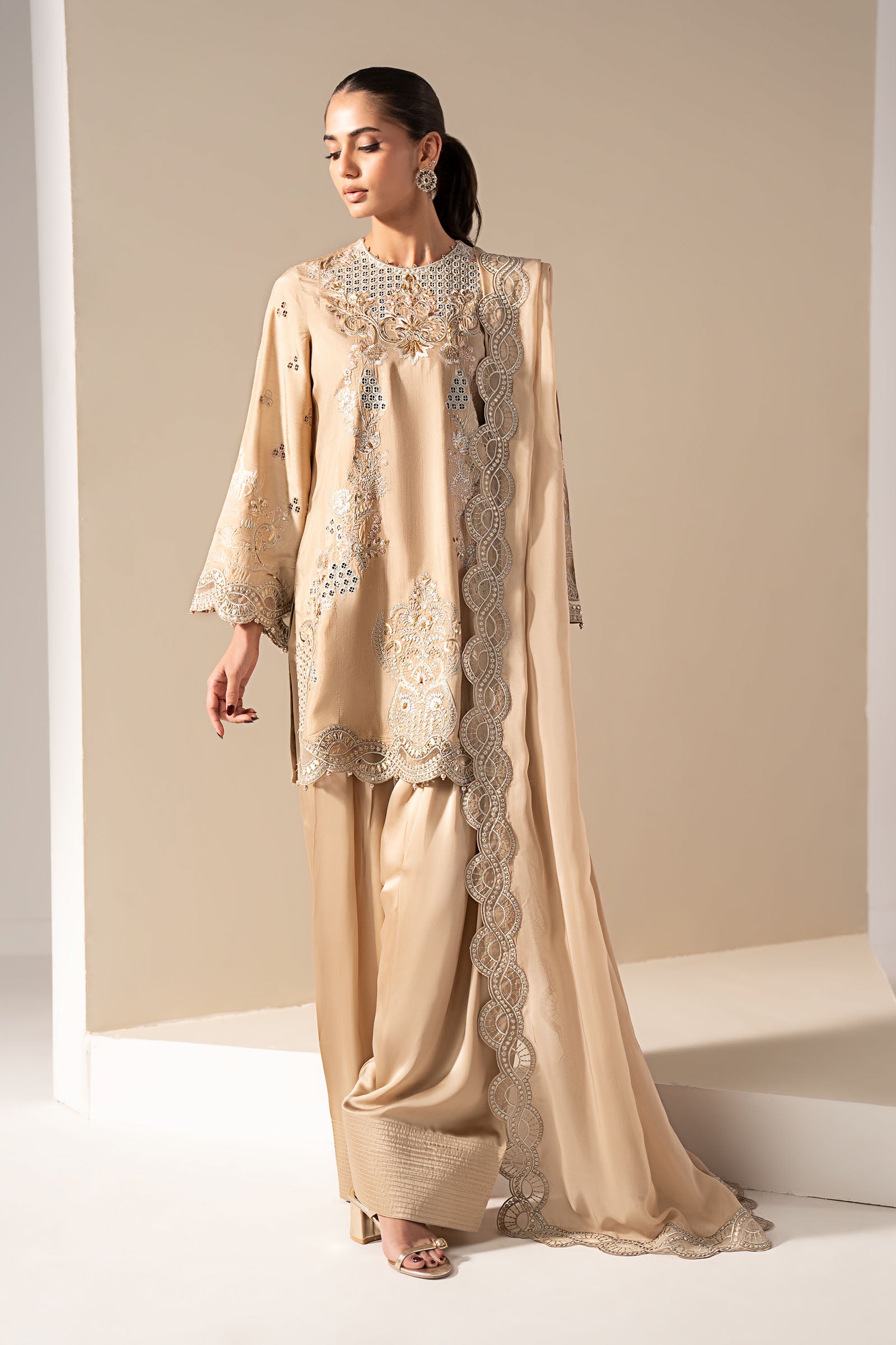 3 Piece Embroidered Raw Silk Suit