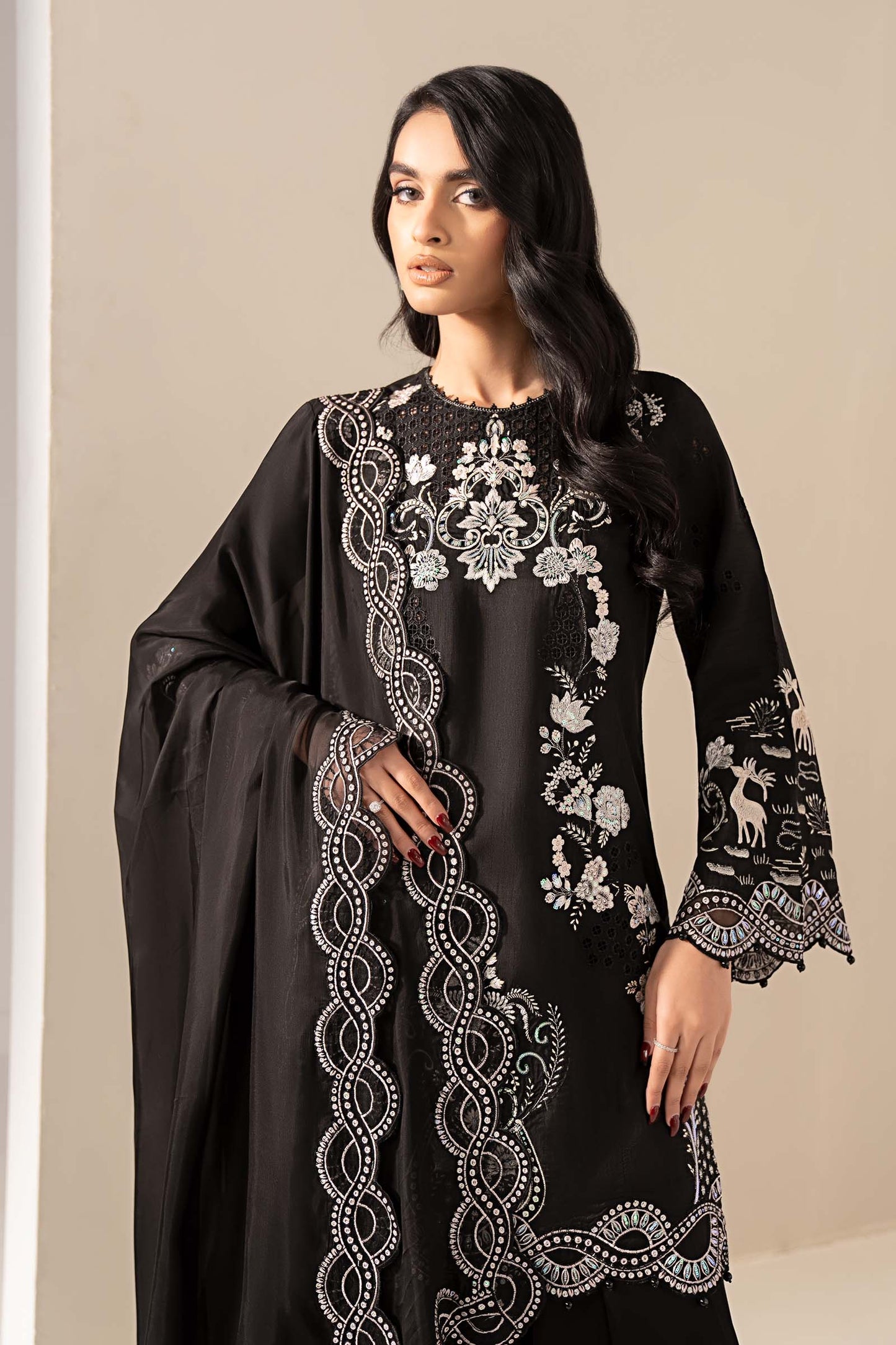 3 Piece Embroidered Raw Silk Suit