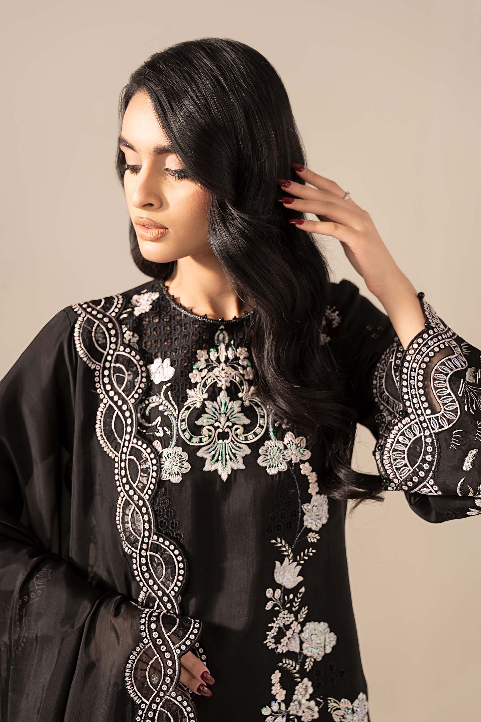 3 Piece Embroidered Raw Silk Suit