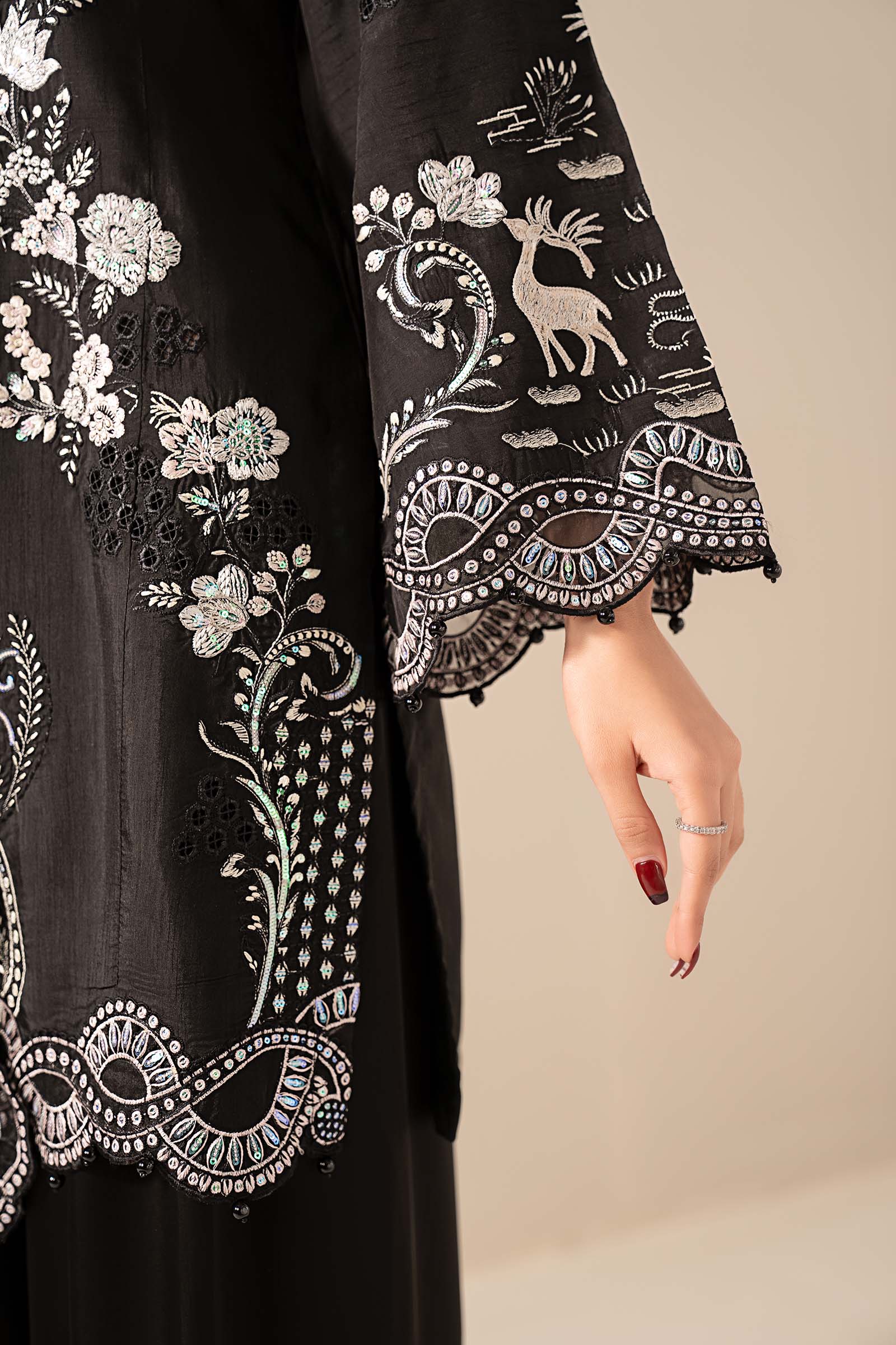 3 Piece Embroidered Raw Silk Suit