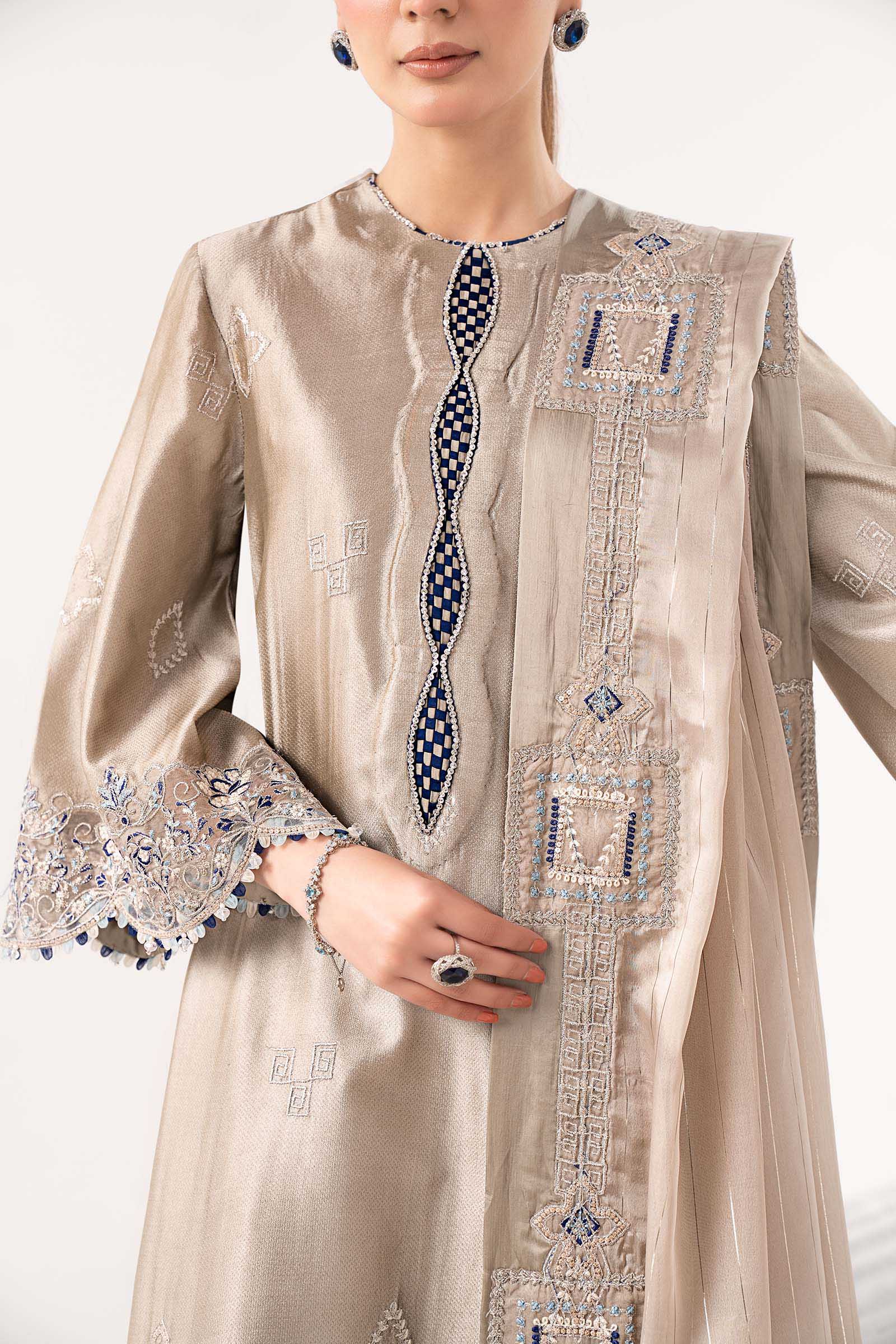 3 Piece Embroidered Self Tassel Silk Suit