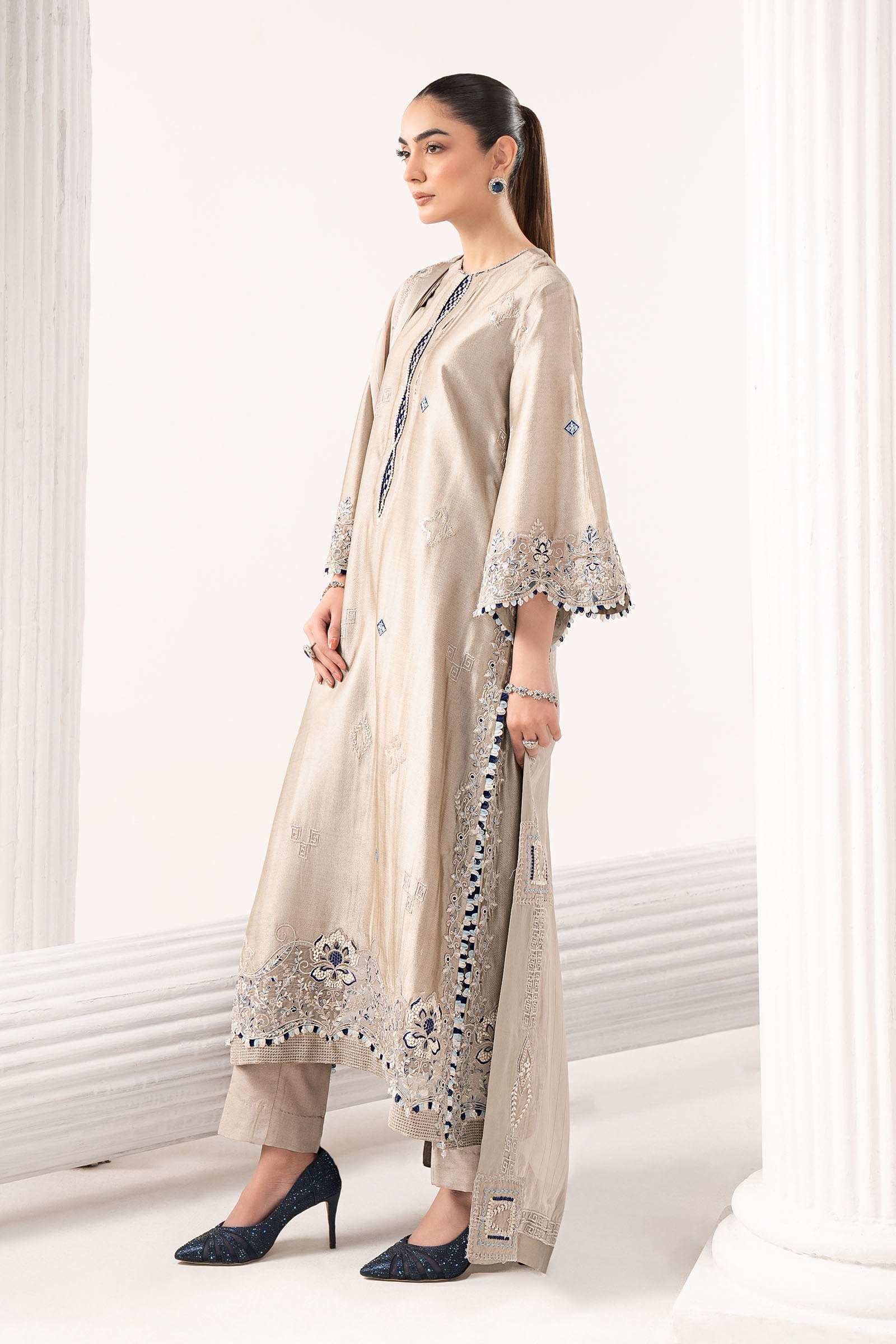 3 Piece Embroidered Self Tassel Silk Suit