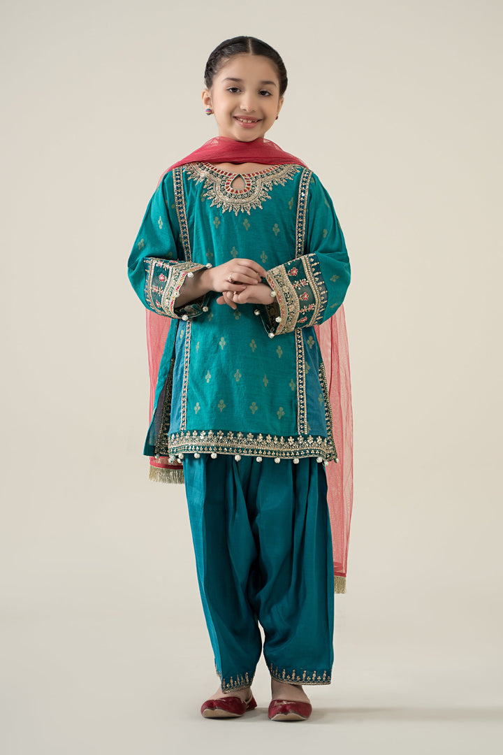 3 Piece Embroidered Paper Cotton Jacquard Suit All Products MSA2521-023-GRN
