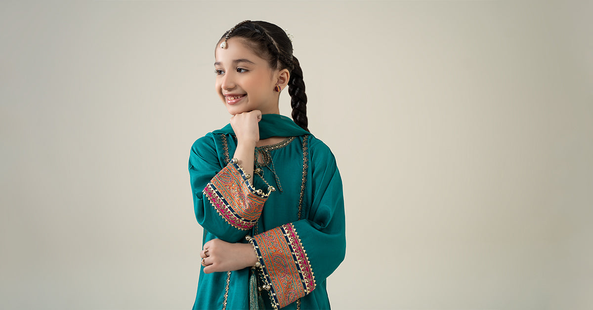 3 Piece Embroidered Raw Silk Suit | MKS-EA25-04