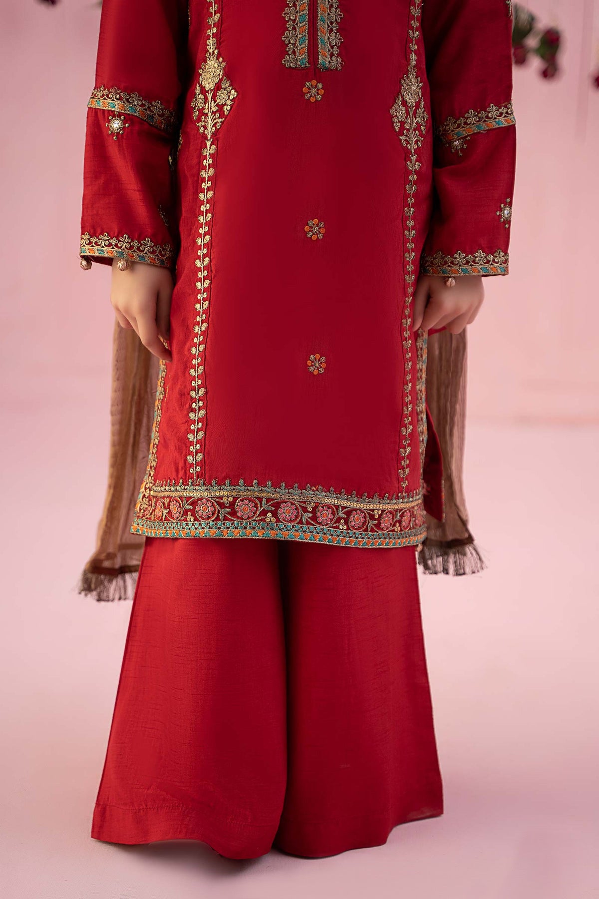 3 Piece Embroidered Raw Silk Suit