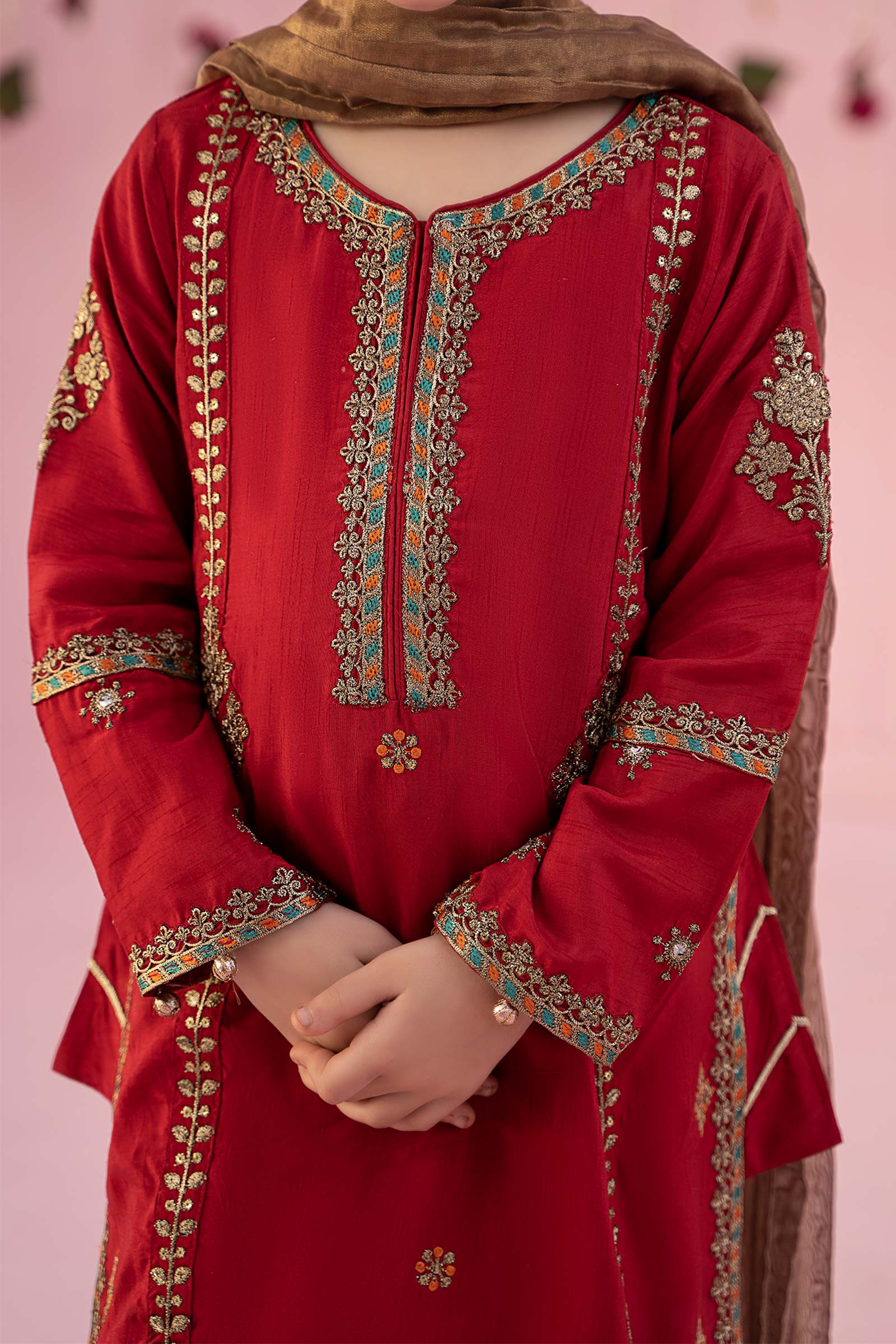 3 Piece Embroidered Raw Silk Suit