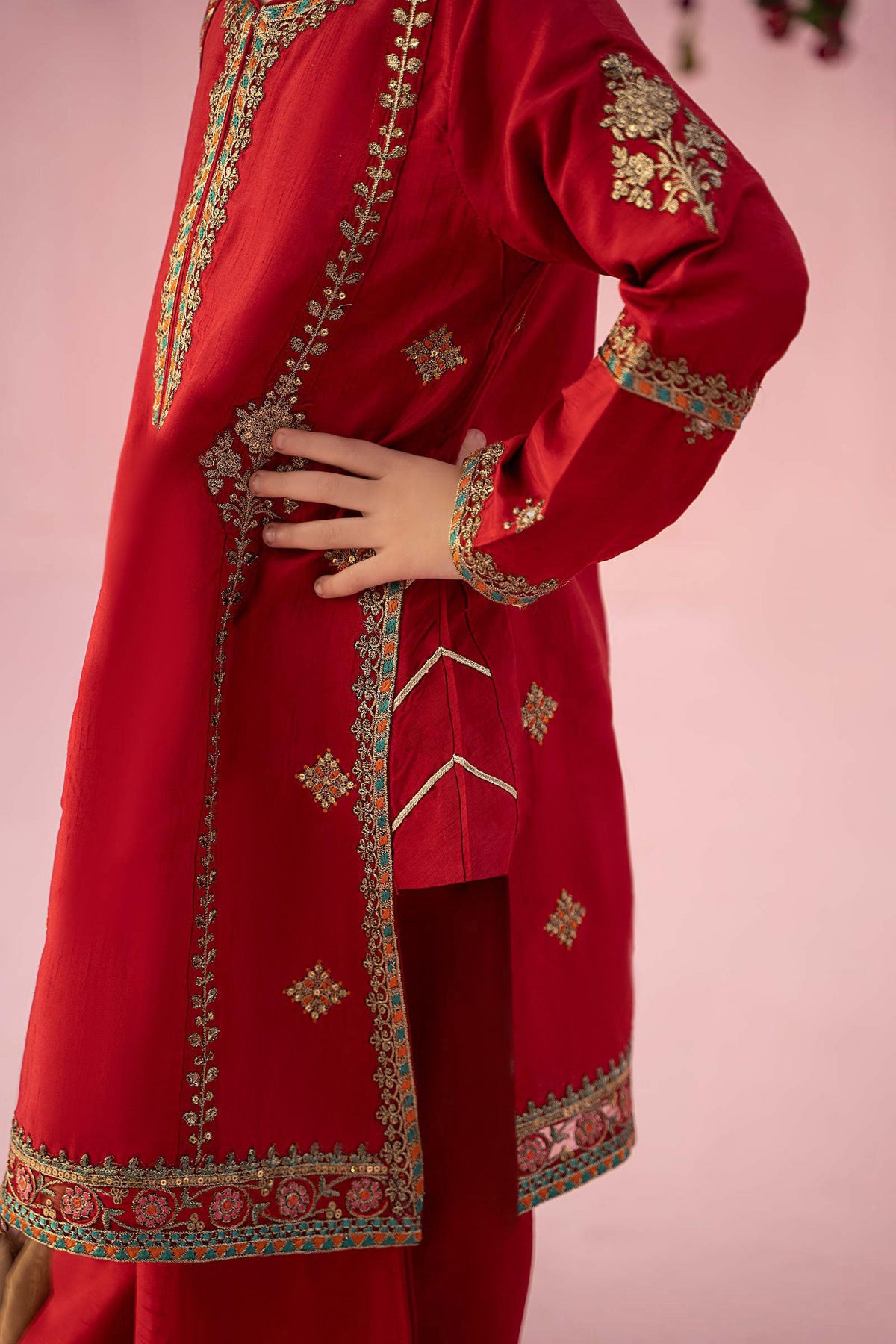 3 Piece Embroidered Raw Silk Suit