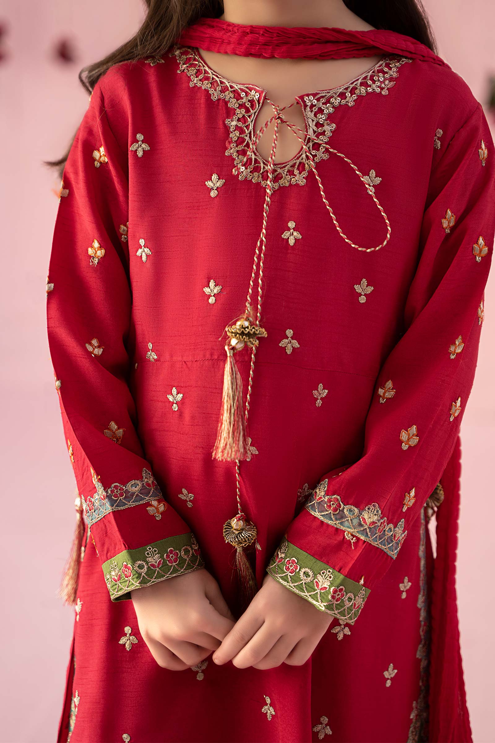3 Piece Embroidered Raw Silk Suit