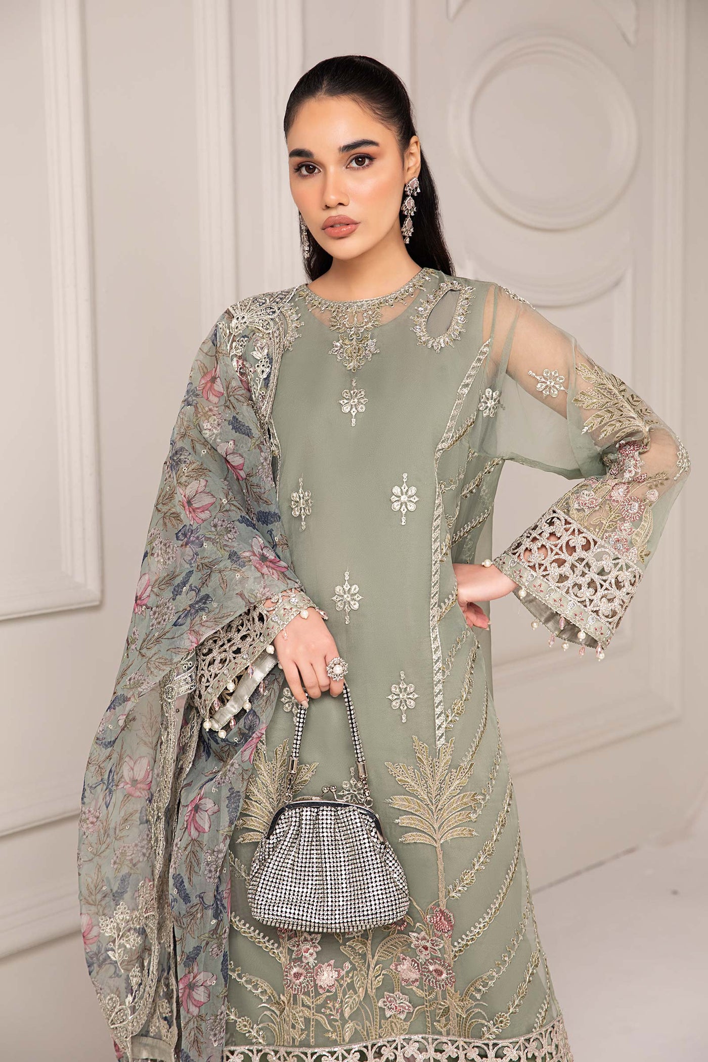 3 PIECE EMBROIDERED ORGANZA SUIT | SF-EF24-12